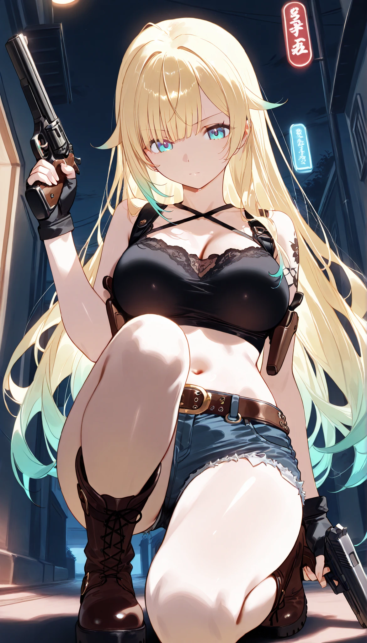 masterpiece, score_9, score_8_up, score_7_up, anime, pinup, Supreme Masterpiece, perfect eyes, perfect face, Best Quality, high resolution, aizawa ema, 1girl, virtual youtuber, blonde hair, aqua hair, gradient hair, long hair, very long hair, blunt bangs, blue eyes, large breasts, shoulder tattoo, crop top, short shorts, denim shorts, belt, midriff, fingerless gloves, shoulder holster, black top, round neck, boots, standing, side angle, serious, holding handgun, dual handguns, large handguns, night, narrow alley, black sky, 2 pistol holsters, on one knee