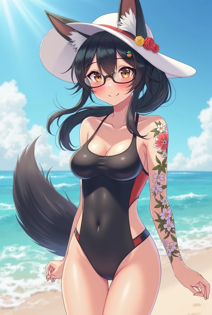 personalami, 1girl, akagi_(azur_lane), breasts, animal_ears, swimsuit, long_hair, bikini, tail, solo, brown_hair, black_scrunchie, scrunchie, multiple_tails, sky, wrist_scrunchie, outdoors, fox_tail, fox_ears, cloud, cleavage, day, large_breasts, blue_sky, hair_ornament, smile, red_bikini, looking_at_viewer, bangs, navel, collarbone, palm_tree, sarong, tree, very_long_hair, thighs, bare_shoulders, highleg_bikini, blush, parted_lips, highleg, flower, sidelocks, cloudy_sky, standing, animal_ear_fluff, ponytail, hair_flower, red_eyes, brown_eyes, kitsune, fox_girl, stomach, black_bikini, hand_on_hip, groin, front-tie_bikini_top, front-tie_top