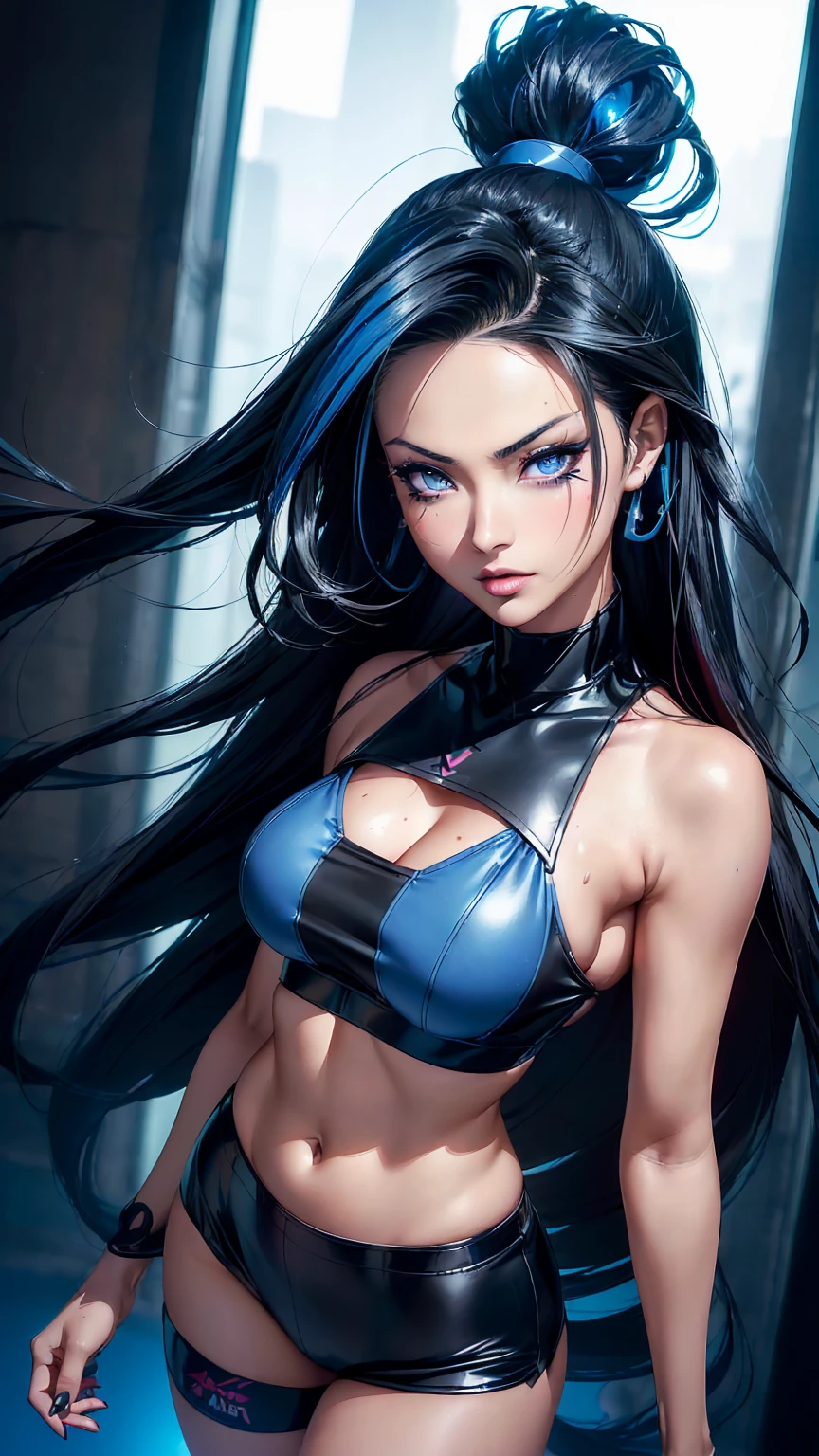 An illustration of a white woman with long black hair, usando uma roupa jounin do anime Naruto, roupa preta, corpo musculoso, Muscle, forte, corpo forte, bodybuilder, olhos brancos, murderous expression, solo, age group 25 years, a sword in each hand. Illustration inspired by: Masashi Kishimoto. Temperatura de cor: Tons Cool. face expression: Serious. The lighting: macio, luz difusa. atmosfera: Intenso e determinado.--v 5 --estilize 1000 --niji 5