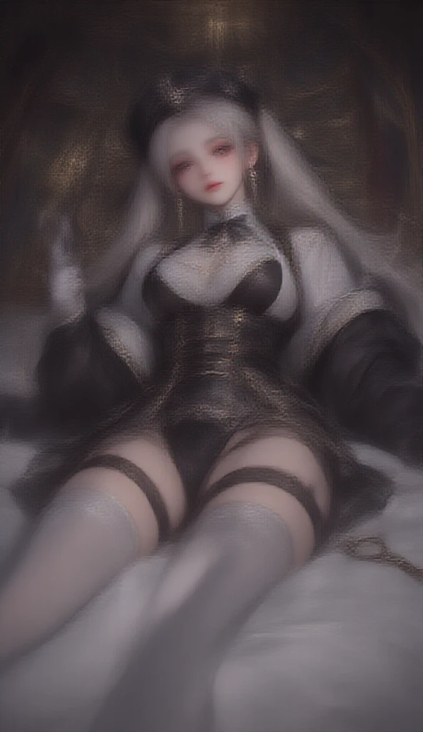 Cat ears twins , Beauty Big Open Legs Long Hair White Hair, topless ,braless , large breasts , naked Ecstasy Pleasure Shame Touching her pussy