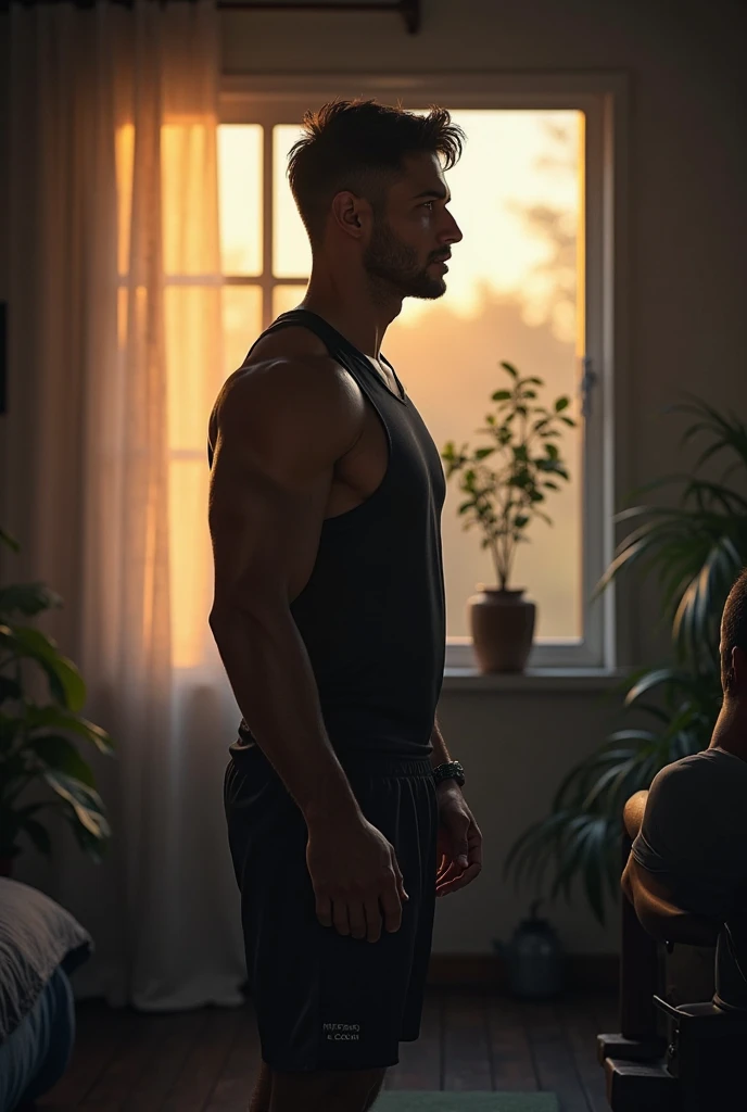 (photorealism:1.2), handsome Indian man, smelling his hairy armpits, hands placed behind his head, topless, standing on carpet, no underwear, indoors, soft lighting, plants in background, window with sunlight, cozy room, relaxed pose, realistic, intricate details, warm colors, by Greg Rutkowski, by Alphonse Mucha. Penis bulging out of underwear, smelly his hairy armpits. Tight and small underwear. Very tight underwear, v-shaped underwear.