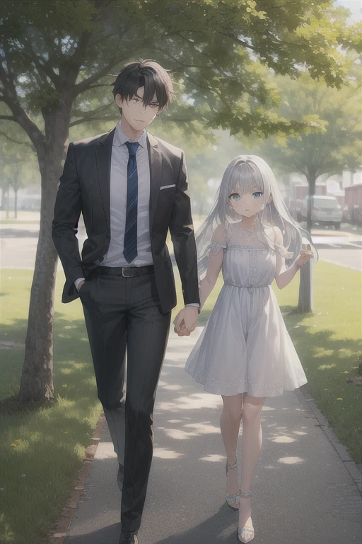 (1 boy: 1.5), (1 girl: 1.5), strolling through the street at night under street lamps, girls smiling brightly, wearing white dresses, boys in black shirts stroking girls' heads