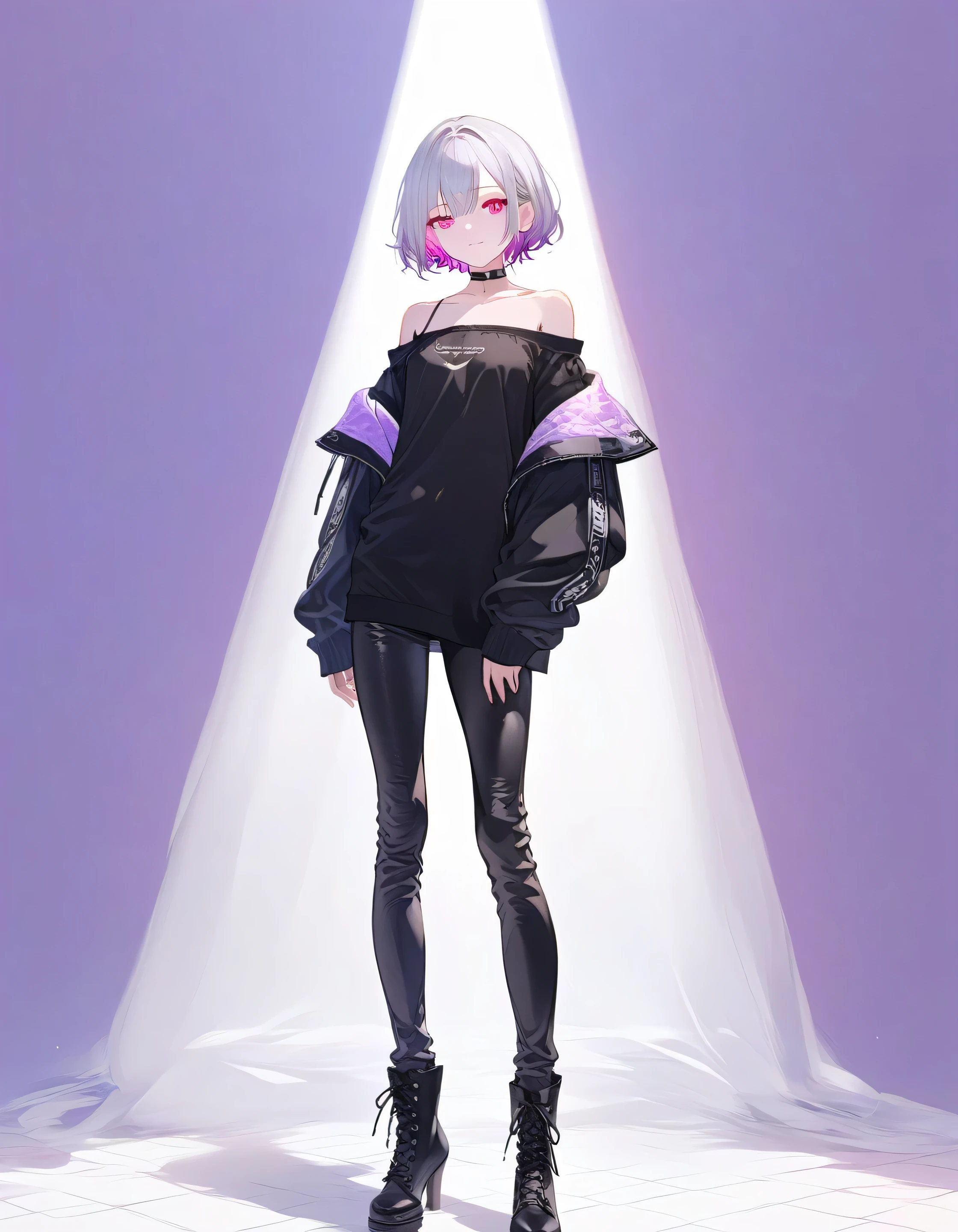 womanhood、Height 165 cm、Model Body、thin macho、Light purple inner color hair、magenta mesh hair、The skin is pale、black shirt、cool、 neutral、cool、Center-Parted Bangs、 genderless、short hair、silver hair、Light Red Eyes、若いwomanhood、A woman alone 、Full Body、Standing picture、front、Off-the-Shoulder Tops、skinny pants、short boots with heels