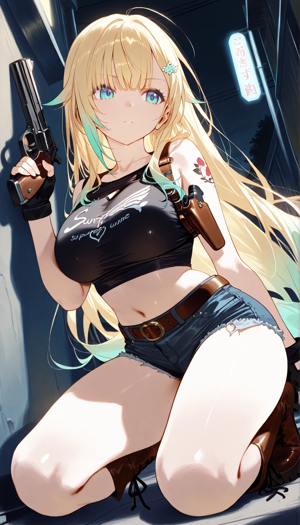 masterpiece, score_9, score_8_up, score_7_up, anime, pinup, Supreme Masterpiece, perfect eyes, perfect face, Best Quality, high resolution, aizawa ema, 1girl, virtual youtuber, blonde hair, aqua hair, gradient hair, long hair, very long hair, blunt bangs, blue eyes, large breasts, shoulder tattoo, crop top, short shorts, denim shorts, belt, midriff, fingerless gloves, shoulder holster, black top, round neck, boots, standing, side angle, serious, holding handgun, dual handguns, large handguns, night, narrow alley, black sky, 2 pistol holsters, on one knee