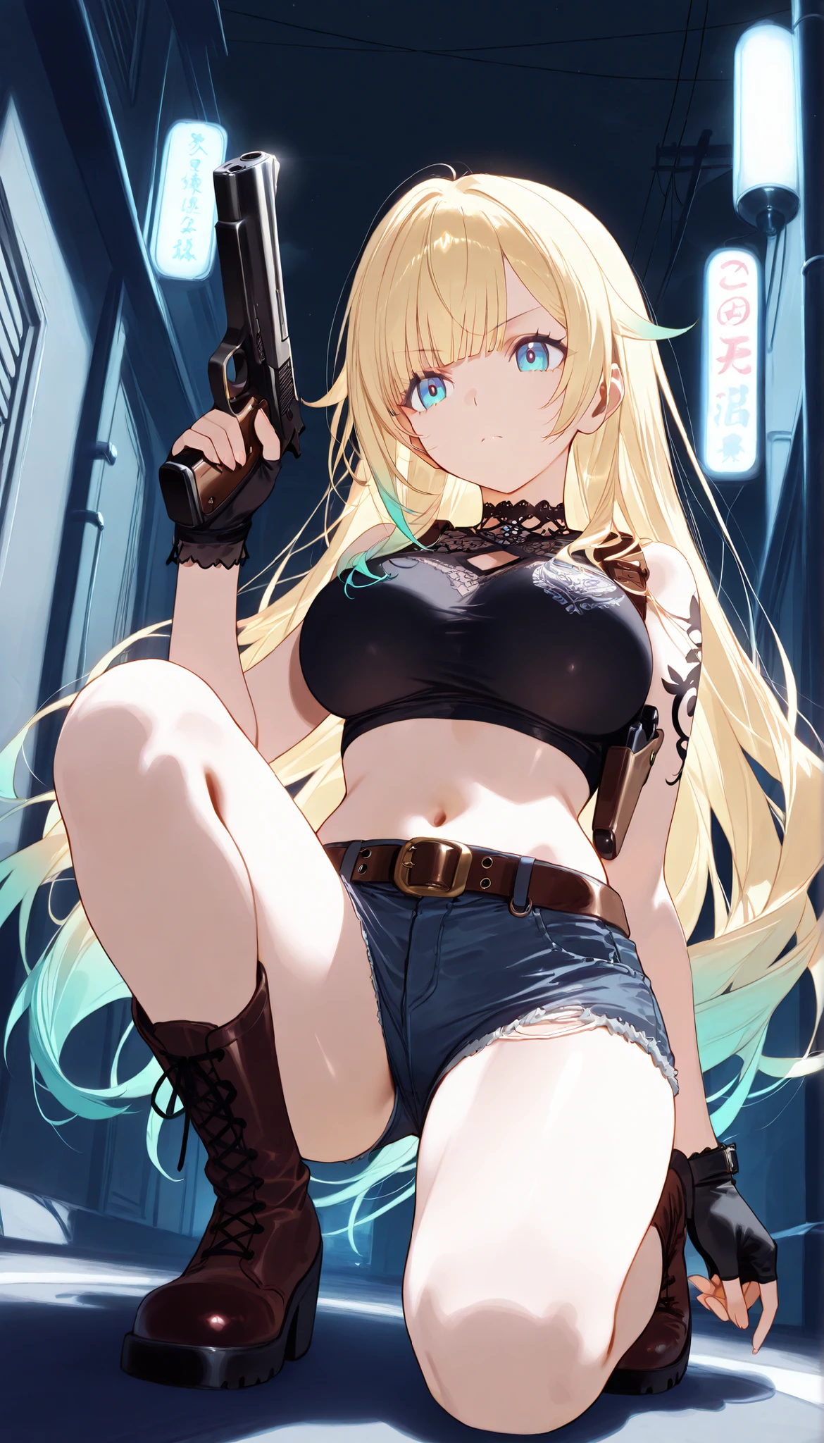masterpiece, score_9, score_8_up, score_7_up, anime, pinup, Supreme Masterpiece, perfect eyes, perfect face, Best Quality, high resolution, aizawa ema, 1girl, virtual youtuber, blonde hair, aqua hair, gradient hair, long hair, very long hair, blunt bangs, blue eyes, large breasts, shoulder tattoo, crop top, short shorts, denim shorts, belt, midriff, fingerless gloves, shoulder holster, black top, round neck, boots, standing, side angle, serious, holding handgun, dual handguns, large handguns, night, narrow alley, black sky, 2 pistol holsters, on one knee