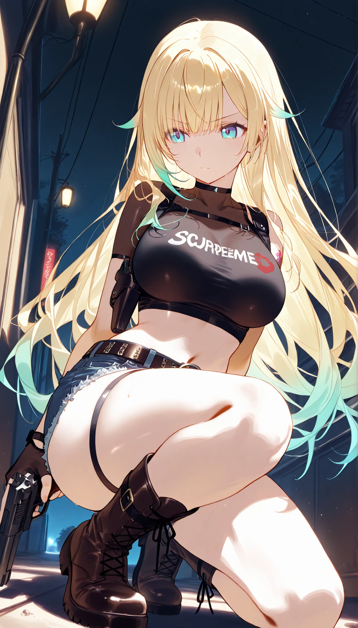 masterpiece, score_9, score_8_up, score_7_up, anime, pinup, Supreme Masterpiece, perfect eyes, perfect face, Best Quality, high resolution, aizawa ema, 1girl, virtual youtuber, blonde hair, aqua hair, gradient hair, long hair, very long hair, blunt bangs, blue eyes, large breasts, shoulder tattoo, crop top, short shorts, denim shorts, belt, midriff, fingerless gloves, shoulder holster, black top, round neck, boots, standing, side angle, serious, holding handgun, dual handguns, large handguns, night, narrow alley, black sky, 2 pistol holsters, on one knee