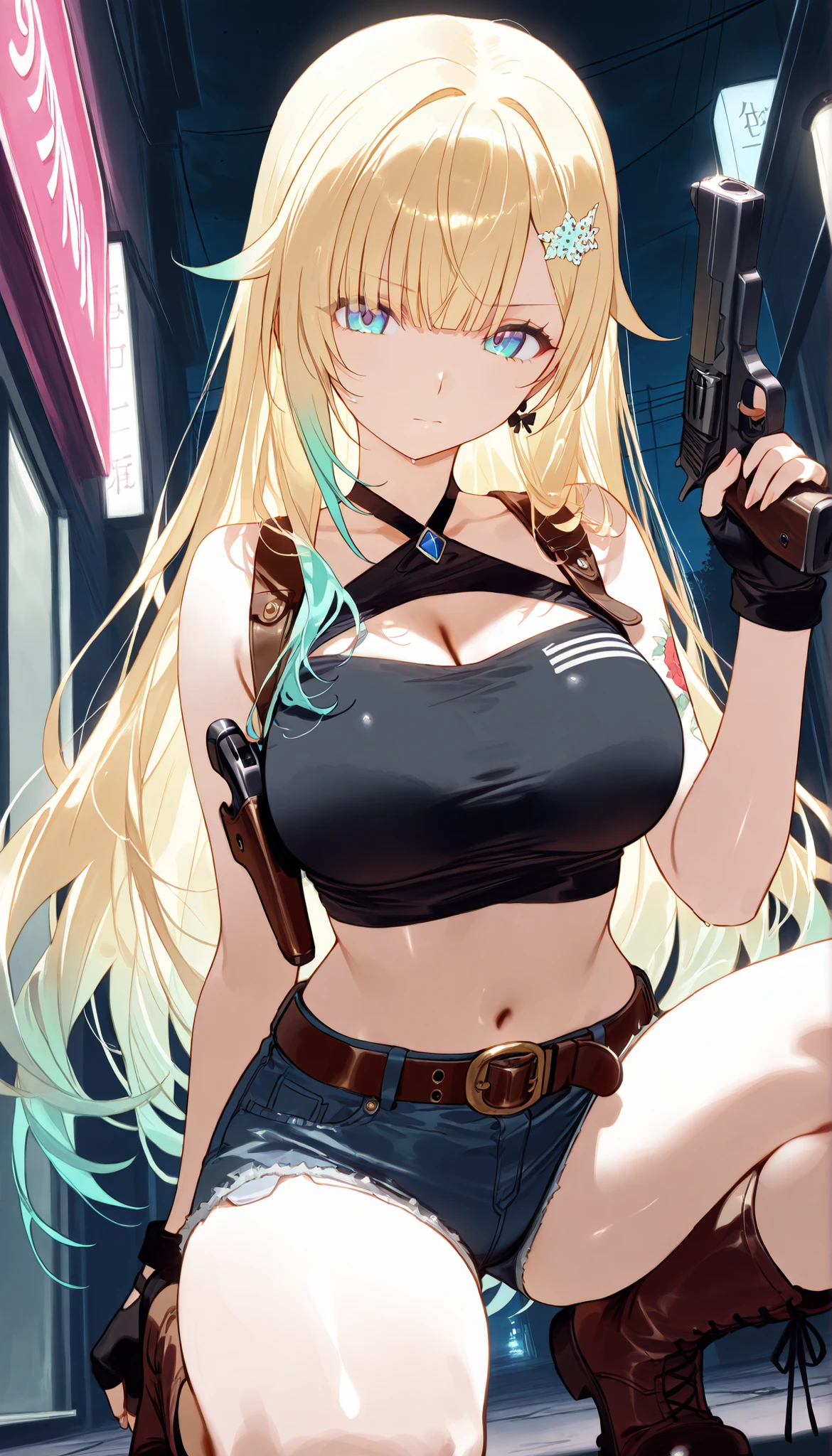 masterpiece, score_9, score_8_up, score_7_up, anime, pinup, Supreme Masterpiece, perfect eyes, perfect face, Best Quality, high resolution, aizawa ema, 1girl, virtual youtuber, blonde hair, aqua hair, gradient hair, long hair, very long hair, blunt bangs, blue eyes, large breasts, shoulder tattoo, crop top, short shorts, denim shorts, belt, midriff, fingerless gloves, shoulder holster, black top, round neck, boots, standing, side angle, serious, holding handgun, dual handguns, large handguns, night, narrow alley, black sky, 2 pistol holsters, on one knee