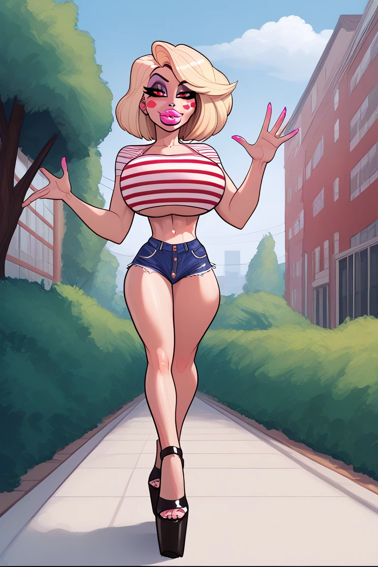 Create a detailed 4K scene of The Powerpuff Girls, ((Blossom, redhead, pink skirt)), ((Bubbles, blonde hair, blue skirt)) and ((Buttercup, black hair, green skirt)), in their classic formation. They are standing in an urban environment in the heart of Townsville, surrounded by colorful skyscrapers and a radiant blue sky. The Powerpuff Girls should be in confident and determined poses, highlighting their individual personalities. Blossom, the leader of the group, should be in the front, hands on her hips, with a serious expression and her eyes shining with intelligence. Bubbles, next to Blossom, should have a sweet smile and an optimistic posture, The backdrop around them should be bustling with life, with Townsville citizens looking on in admiration, and elements such as trees swaying in the wind and scattered clouds in the sky.  (pale skin:1.2), (white skin:1.5), ((front view:1.3)), pale face, (puffy lips:1.4), (gigantic breasts:1.4), ((gigantic breasts:1.3)), design sheet, masterpiece, (slendered abs:1.2) ,detailed , shiny skin, beautiful lighting from the side, harsh light,epic pose, dynamic movie poster, masterpiece, high definition, Extreme Detailed Portrait With Bokeh Effect , Realistic Lighting The scene should radiate the sense of courage and heroism that The Powerpuff Girls embody, with vibrant colors and stunning sharpness in every detail.