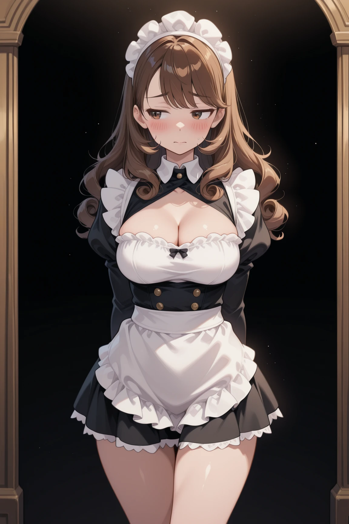One girl、Big Tits、Big Butt、Thick legs、Hanging eyes、Details、Sharp Eyes、Glasseiniskirt、black tights、Are standing、Lift up your skirt、blush、Bedroom、Dim background、
