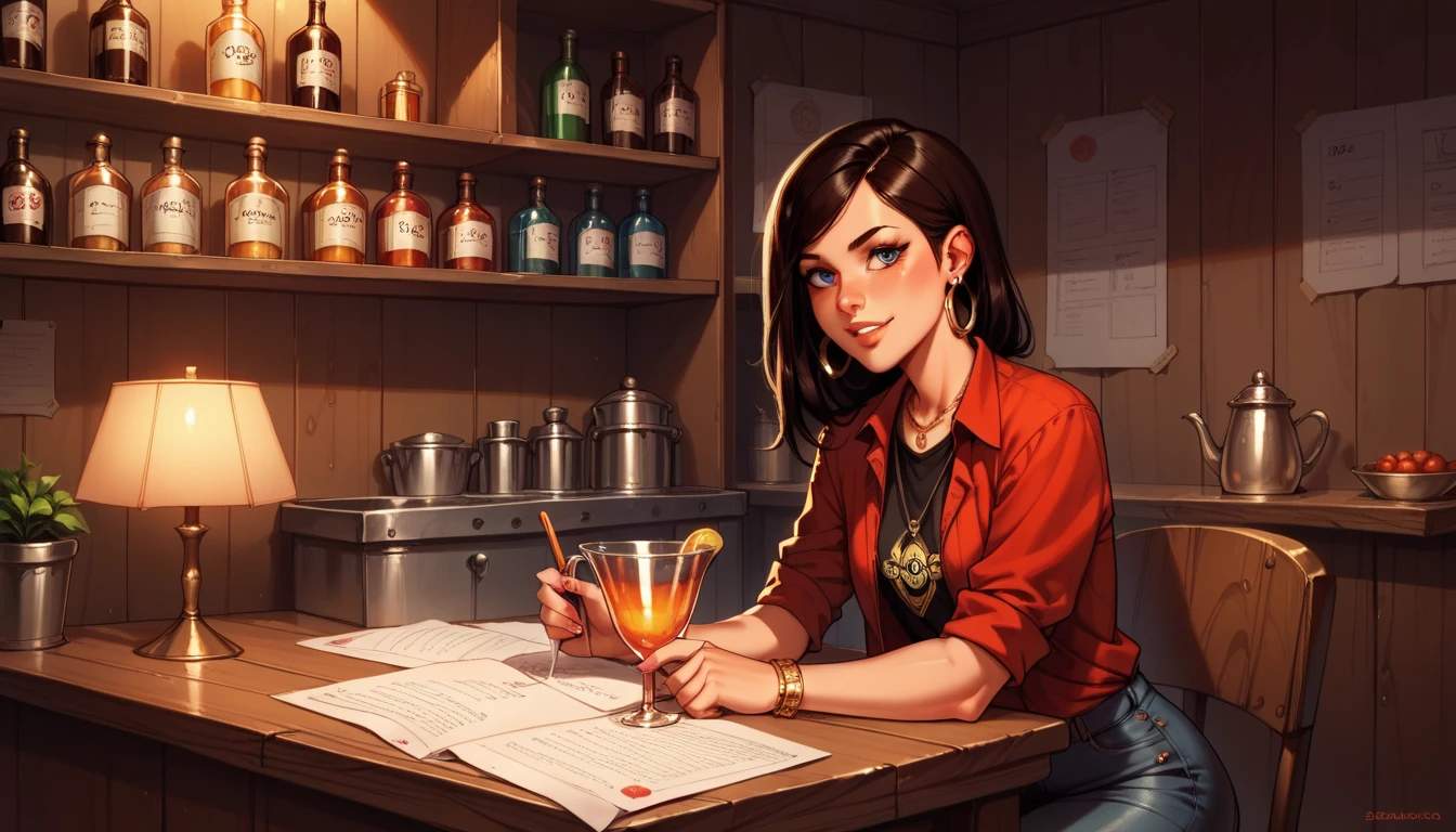 "A beautifully stylized illustration featuring a woman sitting at a bar, holding a glass in her hand. The woman has an elegant and ethereal appearance, with a subtle, wistful expression that conveys a sense of fragility. The bar's ambiance is cozy and chill, with warm, soft lighting that creates a nostalgic atmosphere. The background includes details such as vintage bottles, a wooden counter, and dim lighting, all contributing to a serene and reflective mood that complements the woman's delicate presence."