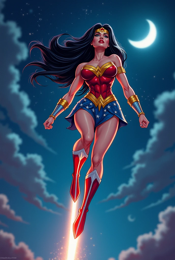 A beautiful illustration featuring Wonder Woman standing before the stunning sunset, overlooking the vast cityscape, leotard