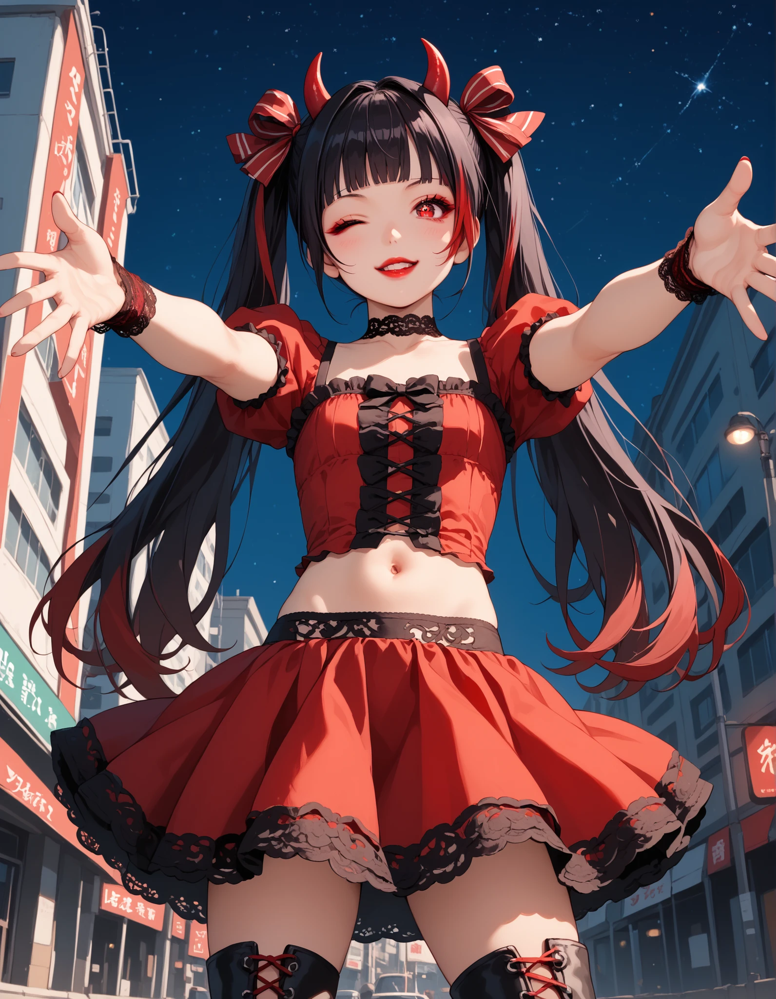 Score_9, score_8_up, score_7_up, score_6_up, source_anime, rating:general, 1girl, long black hair with vivid red streaks, red highlights throughout hair, extremely long twintails, messy twintails, blunt bangs, red eyes, Sanpaku eyes, pale skin, round face, cute face, slender build, slender legs, exposed midriff, cute belly button, flat chest, wearing a frilly lace idol dress (intricate lace detail) two piece dress, puffy lace skirt (intricate lace detail), short skirt, puffy lace underskirt, lace see through corset (showing midriff, cute belly button), puffy lace sleeves (short sleeves, intricate lace), lace wristbands, lace choker, lace ribbons, thigh high boots, small devil horns on head, black and red clothing, cheeky expression, natural glossy red lips, subtle edgy touch, standing in an urban city (at night), night sky, starry sky, moonlight, red smog, edgy atmosphere, soft lighting, vivid colours, masterpiece, 8k quality, idol promotional photo, incoming hug pose, wink, dynamic angle