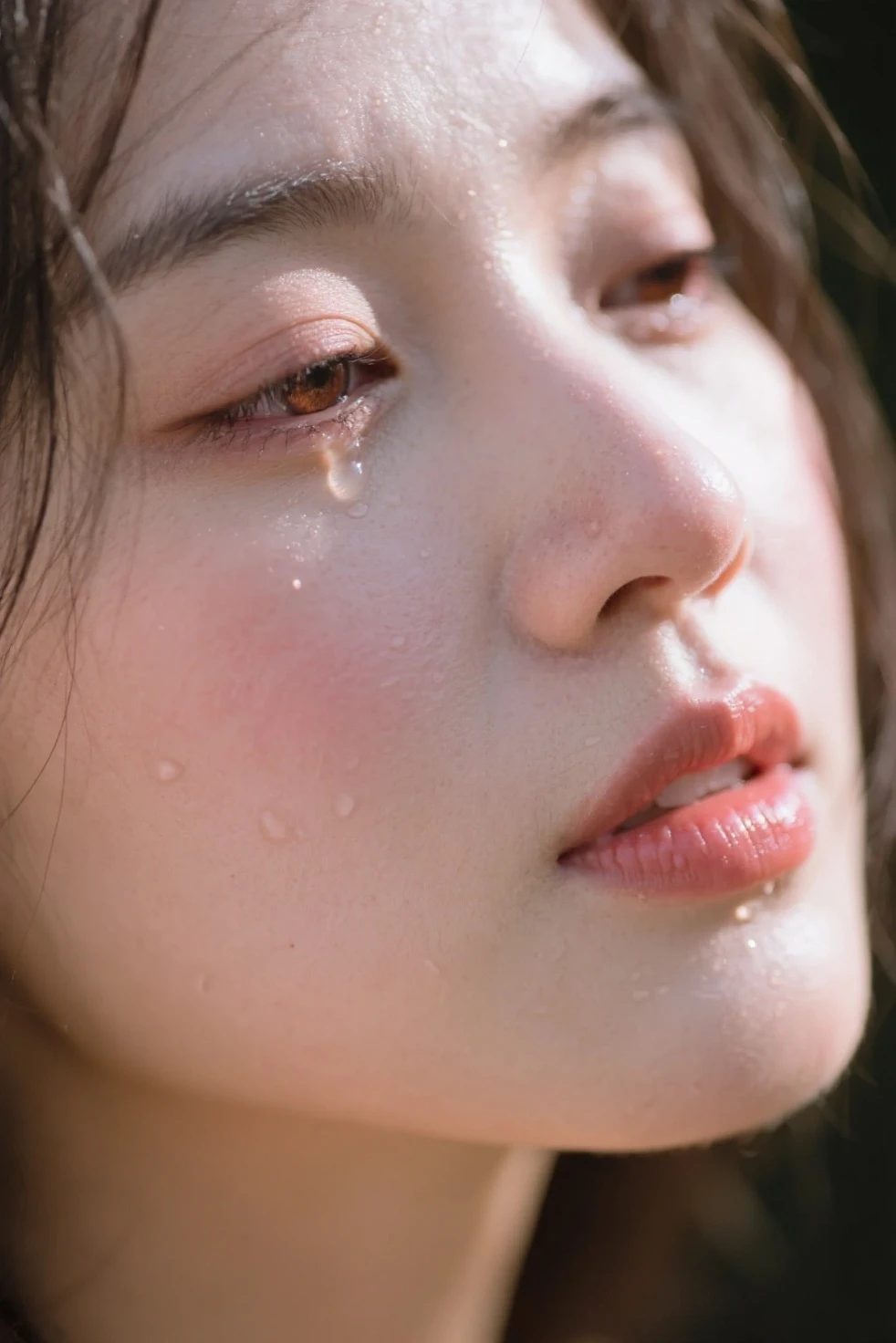 a young korean women, cry, face facing upwards. wear a white open shoulders dress. sweat on the face, captured from above high angle, in open big mouth, lying in a pile of Among the lush grass. slightly chubby.White ketchup is splashed on the face cheerfully.Ultra high definition, ultra-realistic