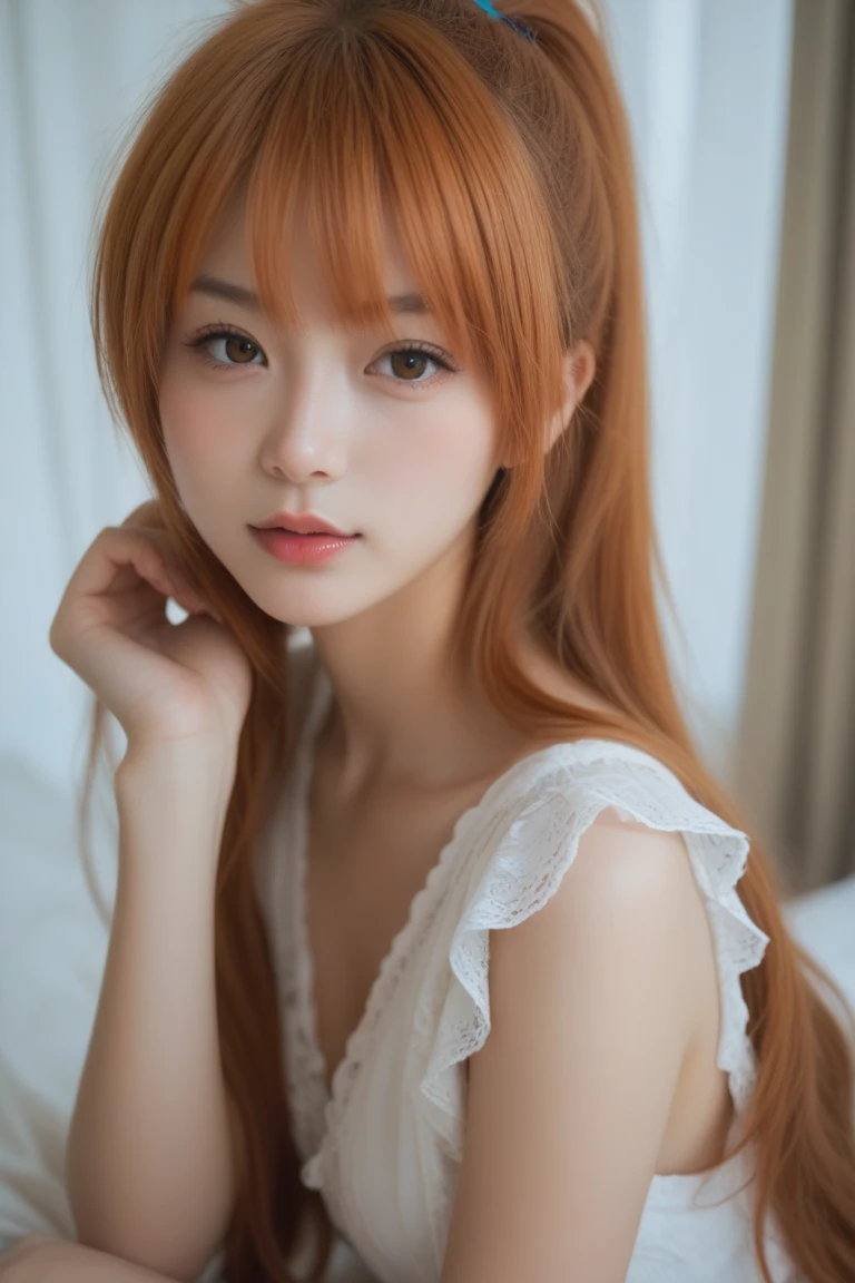 (highest quality, 32k, High resolution, masterpiece:1.5, ), A haunting fantasy photograph in abstract style, In a swirl of fantastic pastel colors and soft light, Evoking a soothing tranquility and elusive beauty, Expressing emotions, Have a rich imagination, Cute Japanese Girls, An exceptionally beautiful face, whole body, slouch, Perfect Human Anatomy, Magical big eyes, A kind smile, motherhood and tolerance, ((Shiny Red Hair)), Beautifully styled thin and delicate medium length hair, Beautiful asymmetrical bangs, Hair between the eyes, Transparent and soft white skin, Neat, thin eyebrows, double eyelid, Pale pink lips, ((Red see-through transparent camisole,)), High resolution perfect clavicle, Beautiful chest in high resolution, Slender body with ample breasts, High resolutionの美しい太もも, Soft sunlight, Professional Lighting, Professional Photographer, Professional Model,mysterious