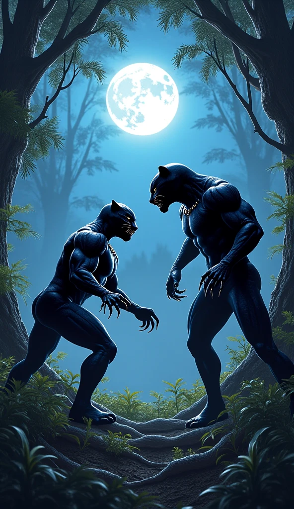 The imposing superhero Black Panther faces off against a fierce, majestic panther.. Both figures exude raw power as they prepare for a fusion, Surrounded by whirlwinds, mystical energies in a Wakandan setting. The anticipation of their fusion is palpable, with purple and blue auras that begin to intertwine