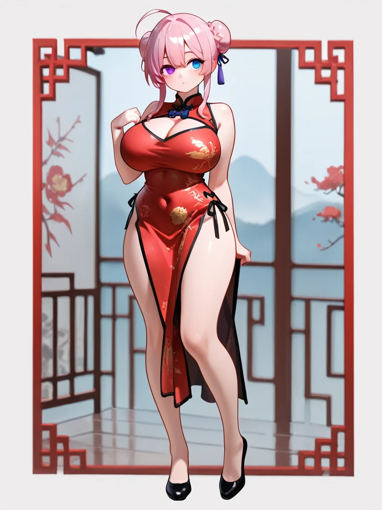 Highest quality、High resolution、Detailed Background、Beautiful face in every detail、Teenage beauty、Huge breasts、Perfect body line、well-groomed eyebrows、indoor、Calm atmosphere、Shiny Chinese Dress、Dark colors such as red and black、Wearing high heels、Strap and ribbon design、Pearl and metal accessories、Sexy wavy hairstyle、Red lipstick、Deep red、very beautiful、A big smile