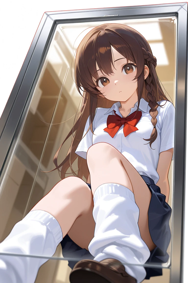 A Female robot is sleeping, spread legs, nude, banzai pose. she wears no dress. She Brown short hair is tied with two big red clothespins, She lifts up the under hem of her white plain dress, leaning over, masterpiece, very short pigtails,brown hair, mature, android, blue eyes, full body figure, Height: 160cm, flushed cheeks, 2020s anime picture, A beautiful robot with short brown hair in two short pigtails held up by two very large huge red clothespins, Uplifting, No NSFW, whole body, barefoot, archaic smile, getting orgasm, 25 years old, sweat bucket. short sleeve shirt, pleated skirt, beautiful scenery, evening, skirt lift, no panties, genitals visible, full body shot, sexy face. between mirrors, floating hair, looking away. She wears hot pants. She has broken hardly by enemy.