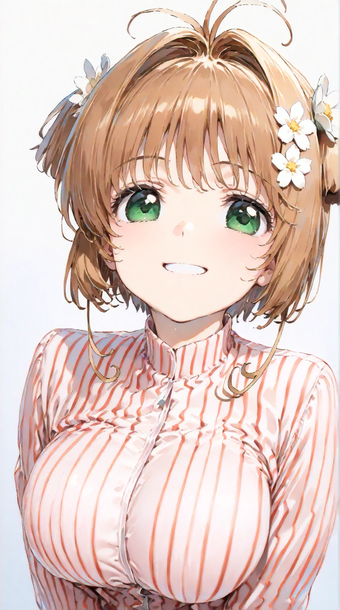 (masterpiece, top quality:1.5), 1girl, solo, Kinomoto Sakura(Cardcaptor Sakura)、20yo, portrait, pink clothes, red and white striped jacket, Smiling, short hair, Full Body, Slightly Super Big Breasts, Flower Hair Accessory, kyun kyun, It's absolutely fine,