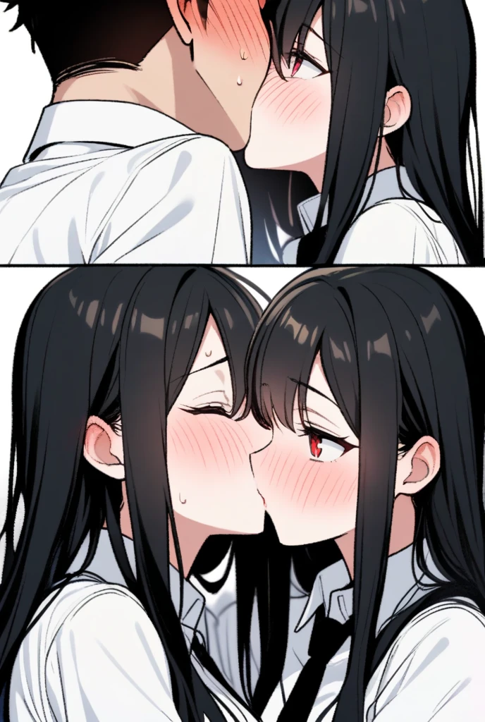 (masterpiece:1.2),(anime)、1 cute girl、((Full nudity))、Black Hair、Blunt bangs、Straight Hair、smile、Large Breasts、((Open your mouth wide and stick out your tongue、Drooling))、(Kneeling)、From the side、To look up at the man、Blowjob、penis、男性のpenisを舐める、Hearts float、Embarrassing、Ecstasy face、Sweat、Cumshot、Semen splatters