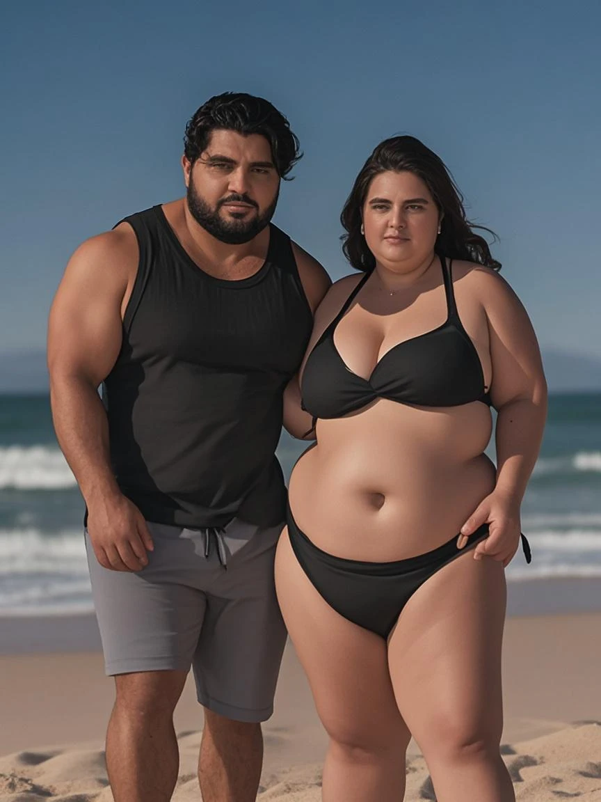 muscle man with fat woman on a beach