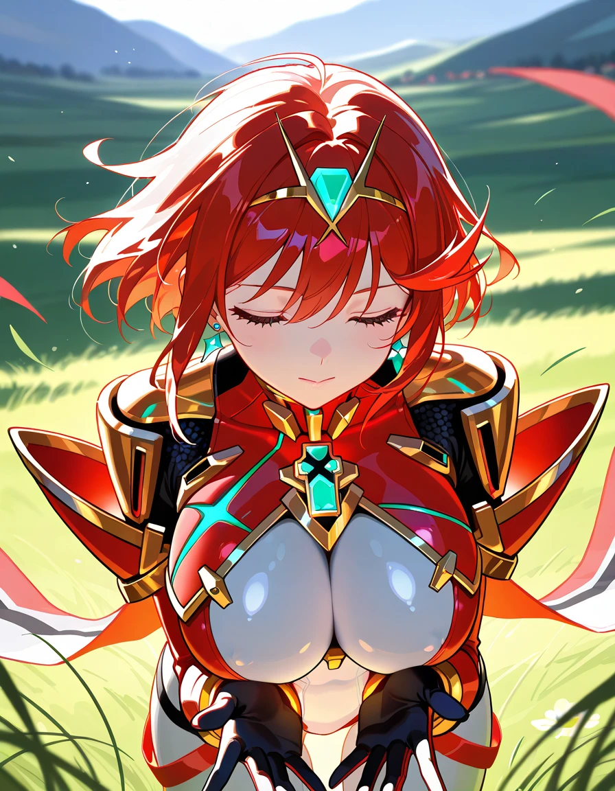 Copper bikini armor, copper crown, bare belly, big breasts, green hair, red eyes, bikini armor, copper, technology, scientist coat