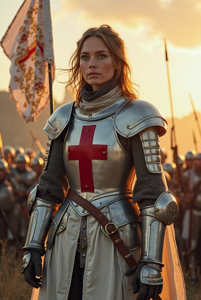 Highest quality, medium closeup photo of a (beautiful Italien woman Crusader of The Knights Templar), detailed facial features, elegant blonde hair, serious expression, looking at viewer, (wearing polished steel plate armor with white Surcoat which depicts the red  cross patte), guarding a holy Christian temple in 1300s Jerusalem, toned body, (detailed skin), fine details, natural lighting, sunlight, warm weather, [shadows], photographed on a Nikon D850, 50mm F/5.6 lens, ISO 100, HDR, 8k, highly detailed, sharp focus, Cinestill 800T, film still from Kingdom of Heaven, front view, eye focus, (full body:0.9)