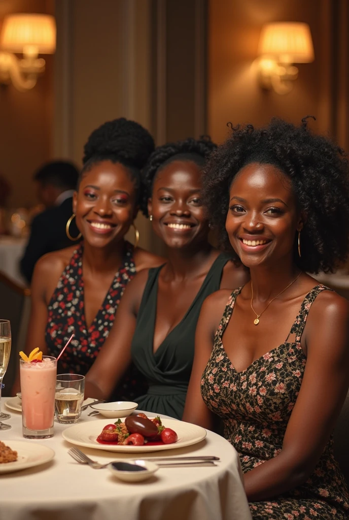 3 Afrobrazilian women, dressed like lawyers, female lawyers, sitting at a restaurant table, calling the waiter, looking to one another, smiling, talking, view from above