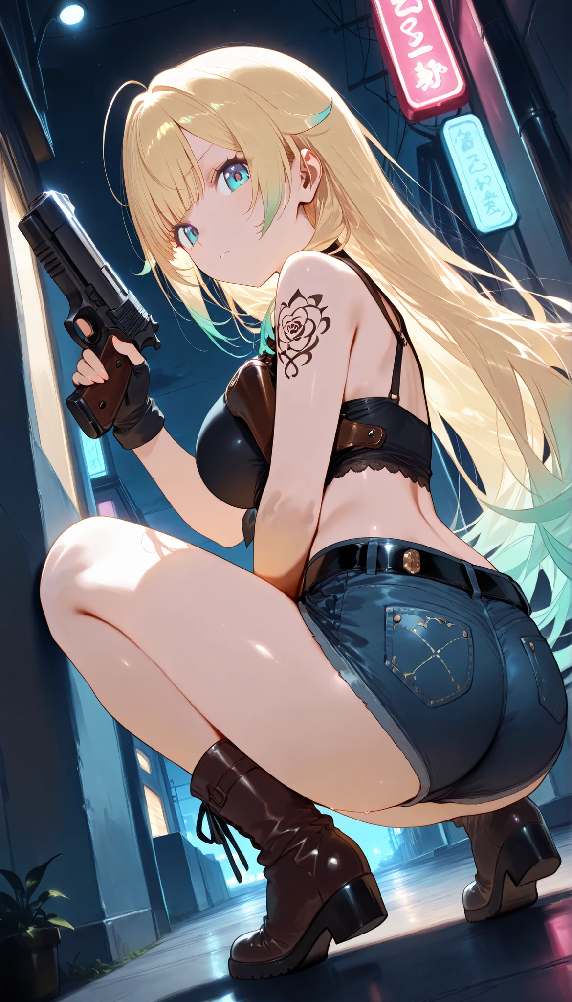 masterpiece, score_9, score_8_up, score_7_up, anime, pinup, Supreme Masterpiece, perfect eyes, perfect face, Best Quality, high resolution, aizawa ema, 1girl, virtual youtuber, blonde hair, aqua hair, gradient hair, long hair, very long hair, blunt bangs, blue eyes, large breasts, shoulder tattoo, crop top, short shorts, denim shorts, belt, midriff, fingerless gloves, shoulder holster, black top, round neck, boots, side angle, serious, holding handgun, dual handguns, large handguns, night, narrow alley, black sky, 2 pistol holsters, squatting, (back view), ass