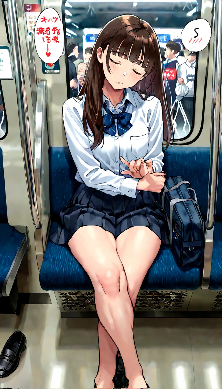 A high school girl in uniform sitting on a train,Browsing Caution,4K,Gal:1.3,Anatomically correct,school uniform:1.3,A pure and innocent girl, Very cute face, Like an idol, (masterpiece:1.2), (high quality), panties, loose socks, Hip, Blue Skirt, alone, Blazer Type, loose socks, Lifting clothes, Brown eyes, pure gaze, mini skirt, Lift yourself up, Check skirt, blush,((Center of chest)), (Sweating profusely), Long Hair, physical education, Beautiful feet, ((in the train))