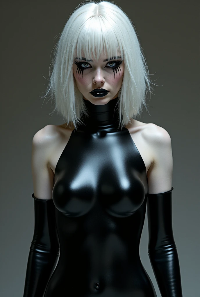 1girl , black dress, perfect body, white hair with black roots, daring and bold, uninhibited self-expression, powerful and alluring, mesmerizing combination of strength and vulnerability, super detailed, hyper realistic, ccurate, best quality, textured skin, highres, 8k, UHD, award winning