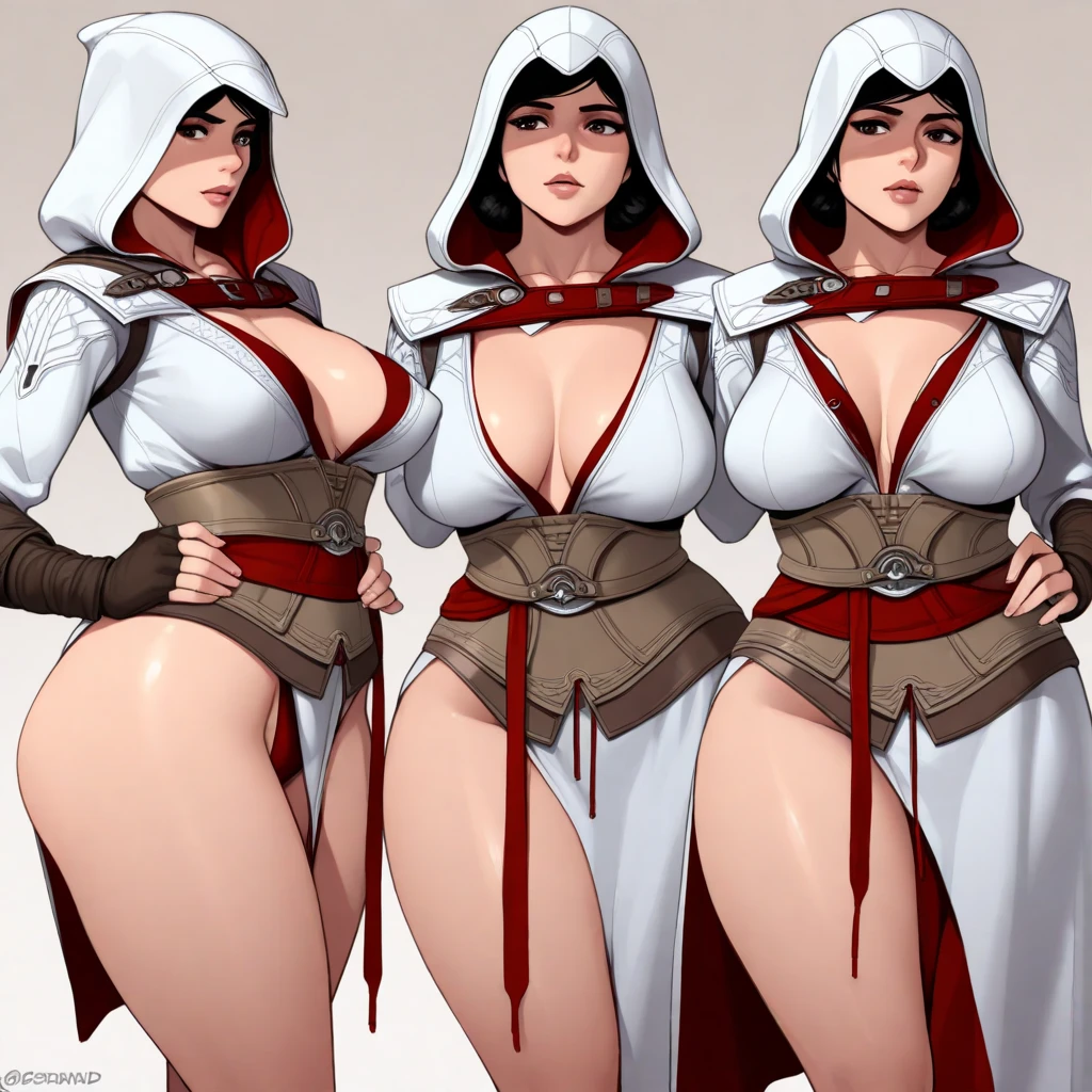 ((multiple medium thick body mature women age 35 American milf super model)) wearing nuns blouse with skirt, smiling, nipples exposed, lineup greeting viewer, 2women, hands on hips, (((lift skirt show panties to viewer, 3outfits 3panels, show back view))), by the pool