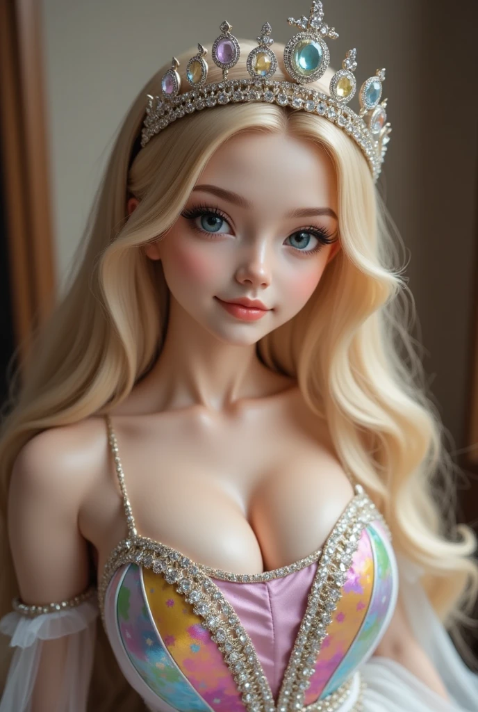 <lora:Darkseal_Glam:1.2> glam, 1girl, woman, queen, crown, gem, diamonds, lens flair, vfx, cleavage, white silk, pink silk, ,