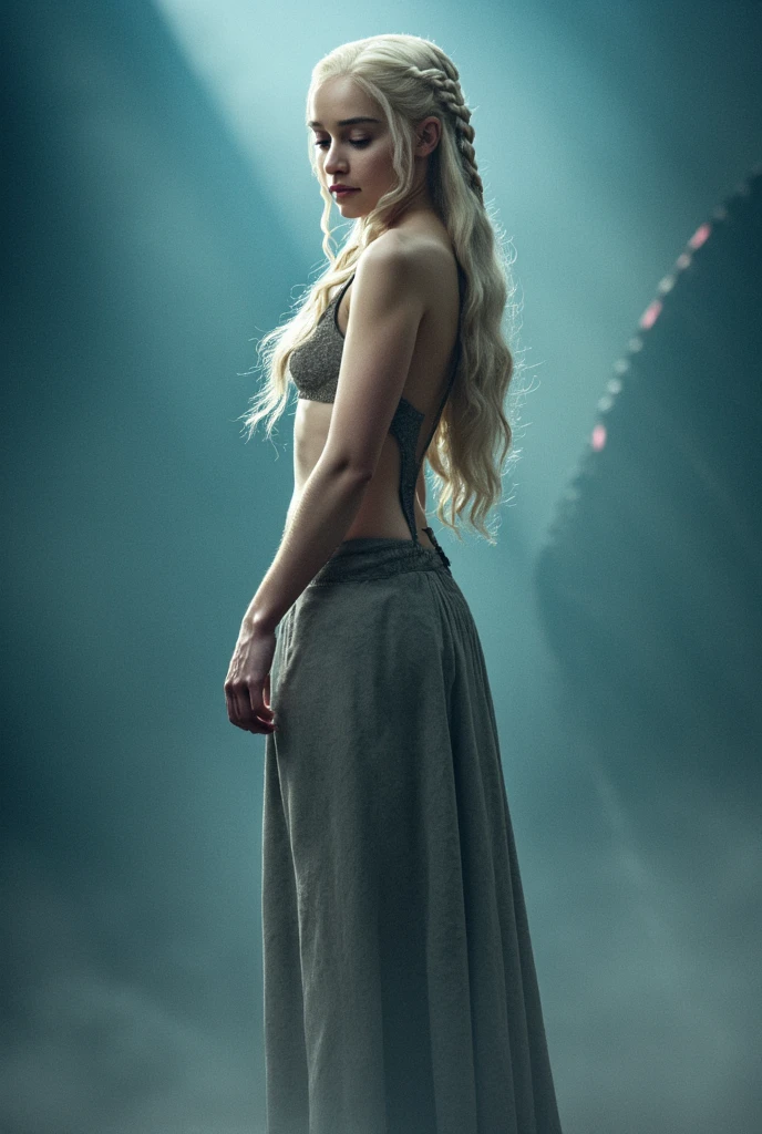 Moonlit Silhouette: View from behind, Daenerys stood at the edge of a cliff, gazing at the vast sea under the moonlight. Her see-through dress flowed gracefully down her back, capturing the curves of her figure(asscheeks visible (. The moon's glow accentuated the delicate fabric, making her silhouette appear ethereal against the night sky.Describe Daenerys Targaryen during a rigorous training session with her Dothraki warriors. Emphasize her toned muscles, agile movements, and the determination in her eyes as she practices combat techniques.