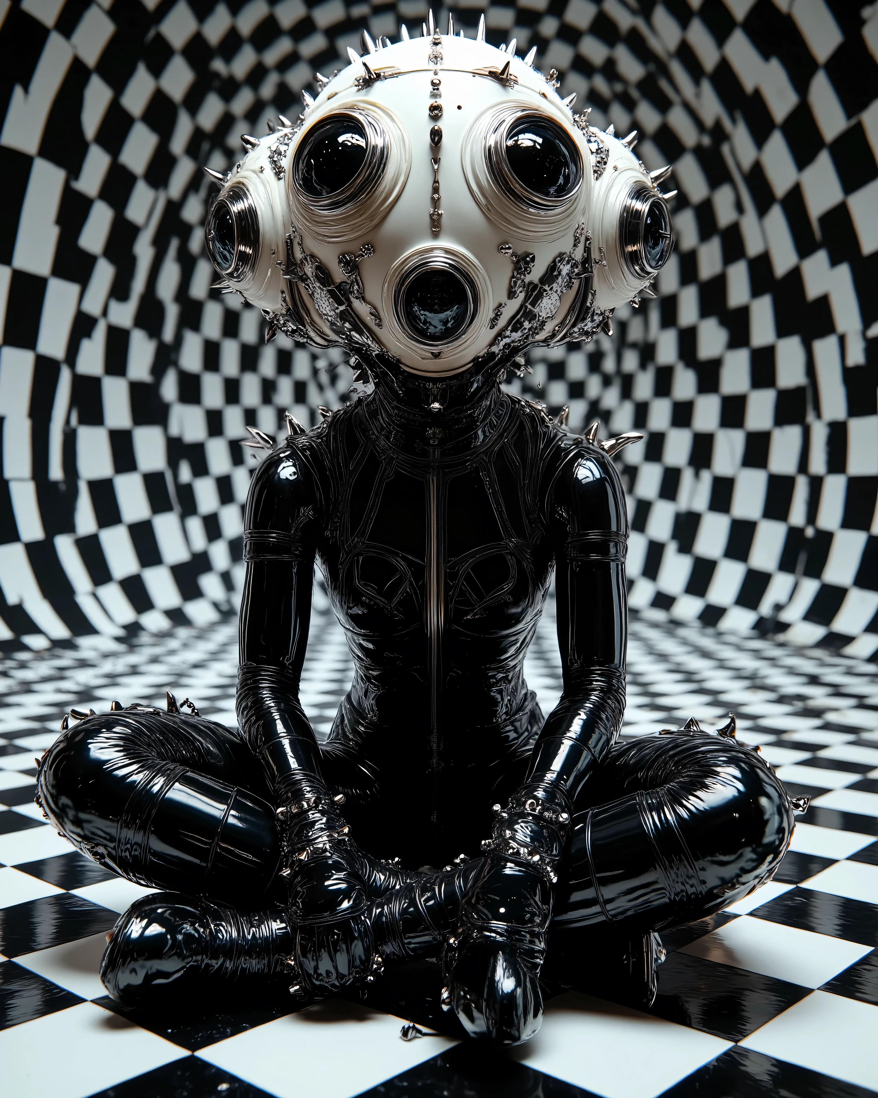 In an environment such as a checkerboard A surreal work that represents a Nordic woman fashion model.  The beautiful punk metal woman wears black leather clothing and spikes with huge platform boots that combine intricate details with abstract and geometric shapes, It integrates seamlessly into the environment. Their heads have、 circular eyes and openings scattered throughout the scene, with complex, with a surrealistic structure. The person wears black and white striped clothing that combines intricate details with abstract and geometric shapes,   The background has a kaleidoscopic effect with black and white patterns  .  The general environment in their heads is dreamy ,that turns the uterus upside down 