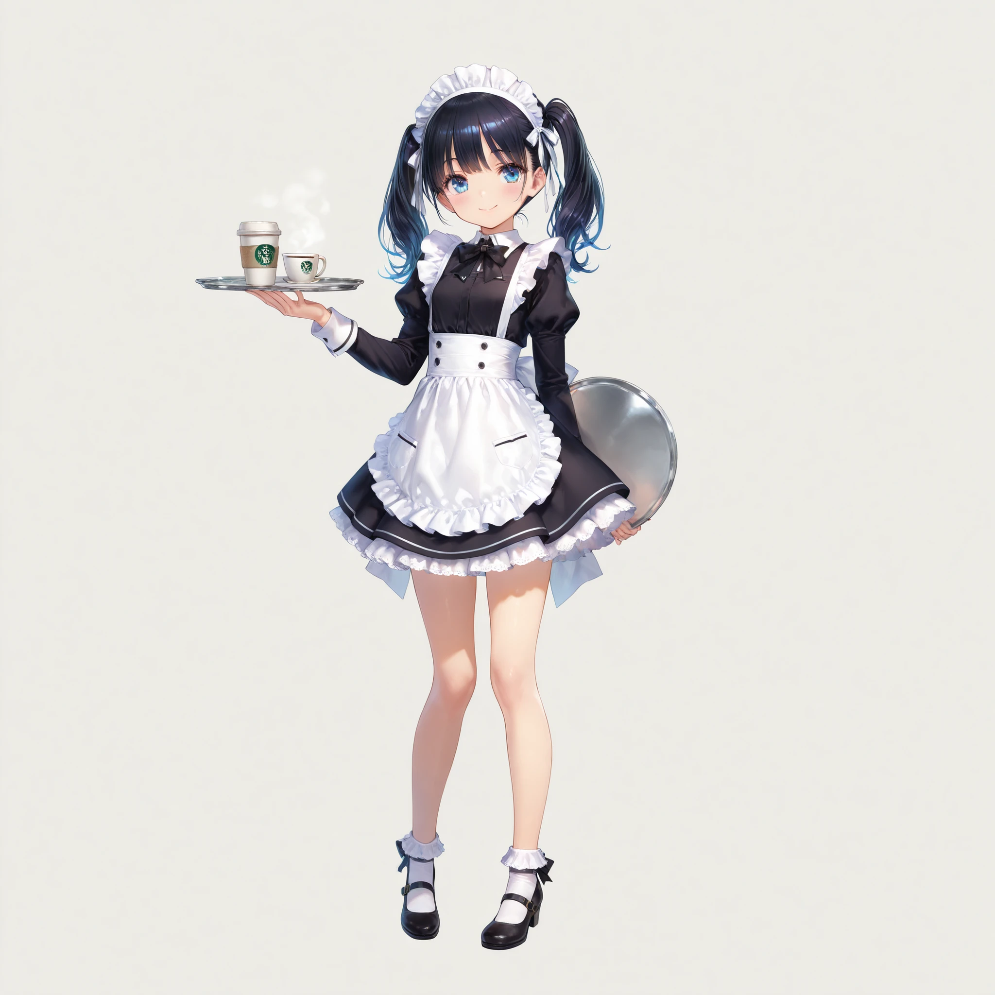 (score_9, score_8_up, score_7_up,,, :1.2)
 <lora:aoi-21:1>,hbr_aoi,green eyes,black hair, short hair, White stockings, white maid hair accessories, hand drags a plate with a cocktail,holding tray,