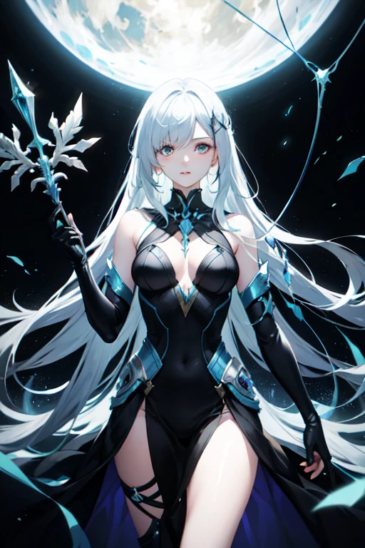 anime style, no mistakes, perfect hands, SFW, 1woman, knight, wearing black armor, no helmet, very long light blue hair, violet eyes, white skin, big breasts, wide ass, thick thighs, perfect curves, pretty, serious face, ice, ice rose, ice shards, ice power, ice sword, cold, ice crown, ice heart