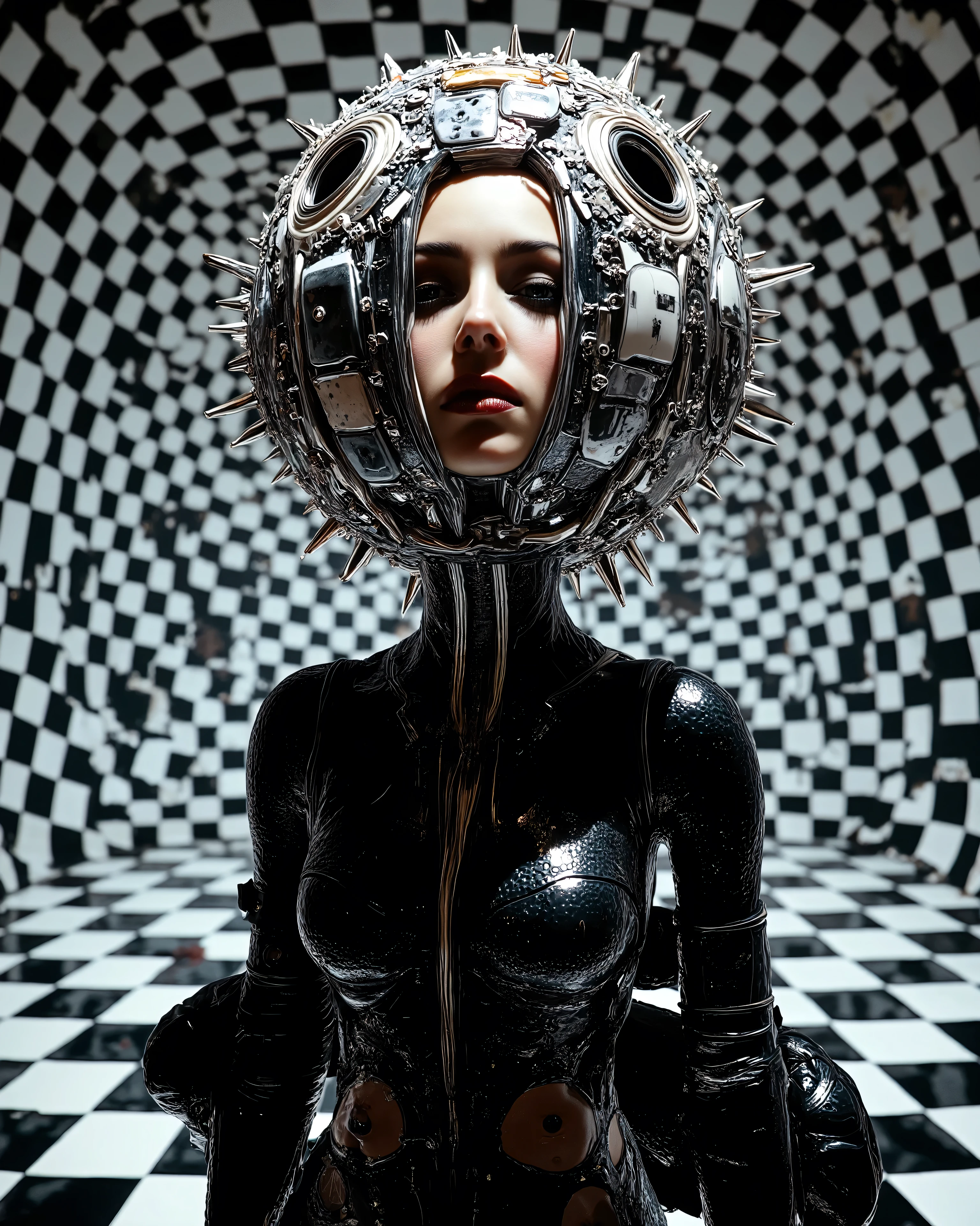In an environment such as a checkerboard A surreal work that represents a Nordic woman fashion model. The beautiful punk metal woman wears black leather clothing and spikes with huge platform boots that combine intricate details with abstract and geometric shapes, It integrates seamlessly into the environment. Their heads have、 circular eyes and openings scattered throughout the scene, with complex, with a surrealistic structure. The person wears black and white striped clothing that combines intricate details with abstract and geometric shapes, The background has a kaleidoscopic effect with black and white patterns . The general environment in their heads is dreamy ,that turns the uterus upside down