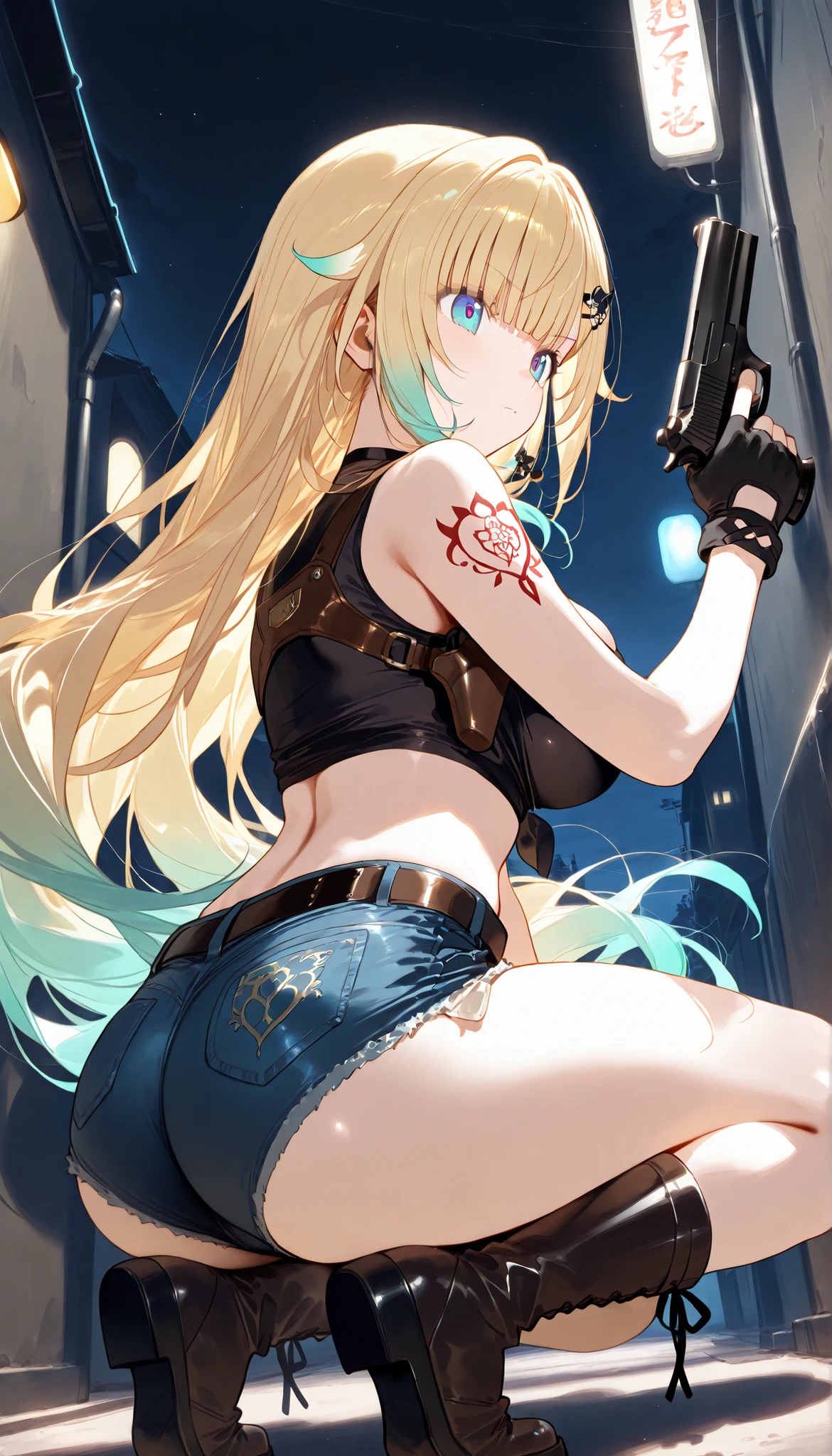 masterpiece, score_9, score_8_up, score_7_up, anime, pinup, Supreme Masterpiece, perfect eyes, perfect face, Best Quality, high resolution, aizawa ema, 1girl, virtual youtuber, blonde hair, aqua hair, gradient hair, long hair, very long hair, blunt bangs, blue eyes, large breasts, shoulder tattoo, crop top, short shorts, denim shorts, belt, midriff, fingerless gloves, shoulder holster, black top, round neck, boots, side angle, serious, holding handgun, dual handguns,  large handguns, night, narrow alley, black sky, 2 pistol holsters, squatting, (back view), ass