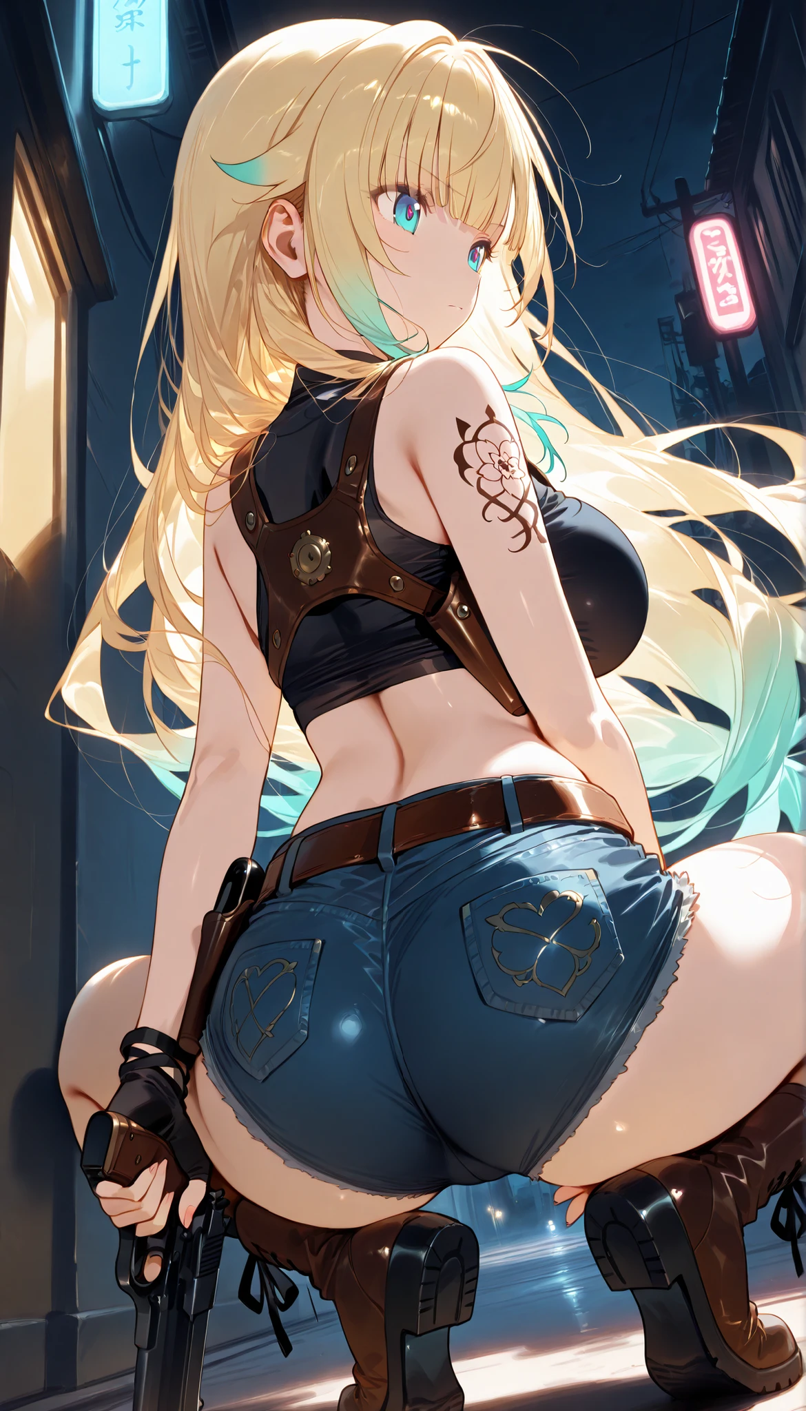 masterpiece, score_9, score_8_up, score_7_up, anime, pinup, Supreme Masterpiece, perfect eyes, perfect face, Best Quality, high resolution, aizawa ema, 1girl, virtual youtuber, blonde hair, aqua hair, gradient hair, long hair, very long hair, blunt bangs, blue eyes, large breasts, shoulder tattoo, crop top, short shorts, denim shorts, belt, midriff, fingerless gloves, shoulder holster, black top, round neck, boots, side angle, serious, holding handgun, dual handguns,  large handguns, night, narrow alley, black sky, 2 pistol holsters, squatting, (back view), ass