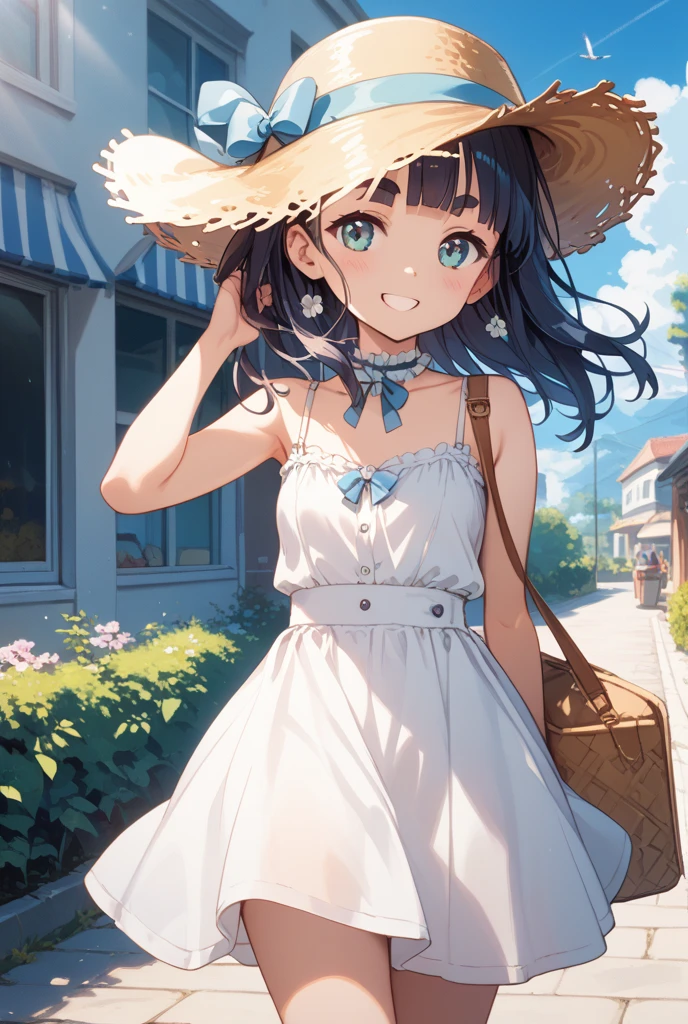 1girl in、AS-Adult、a straw fedora hat、Wearing、(small tits)、Upper body portrait、