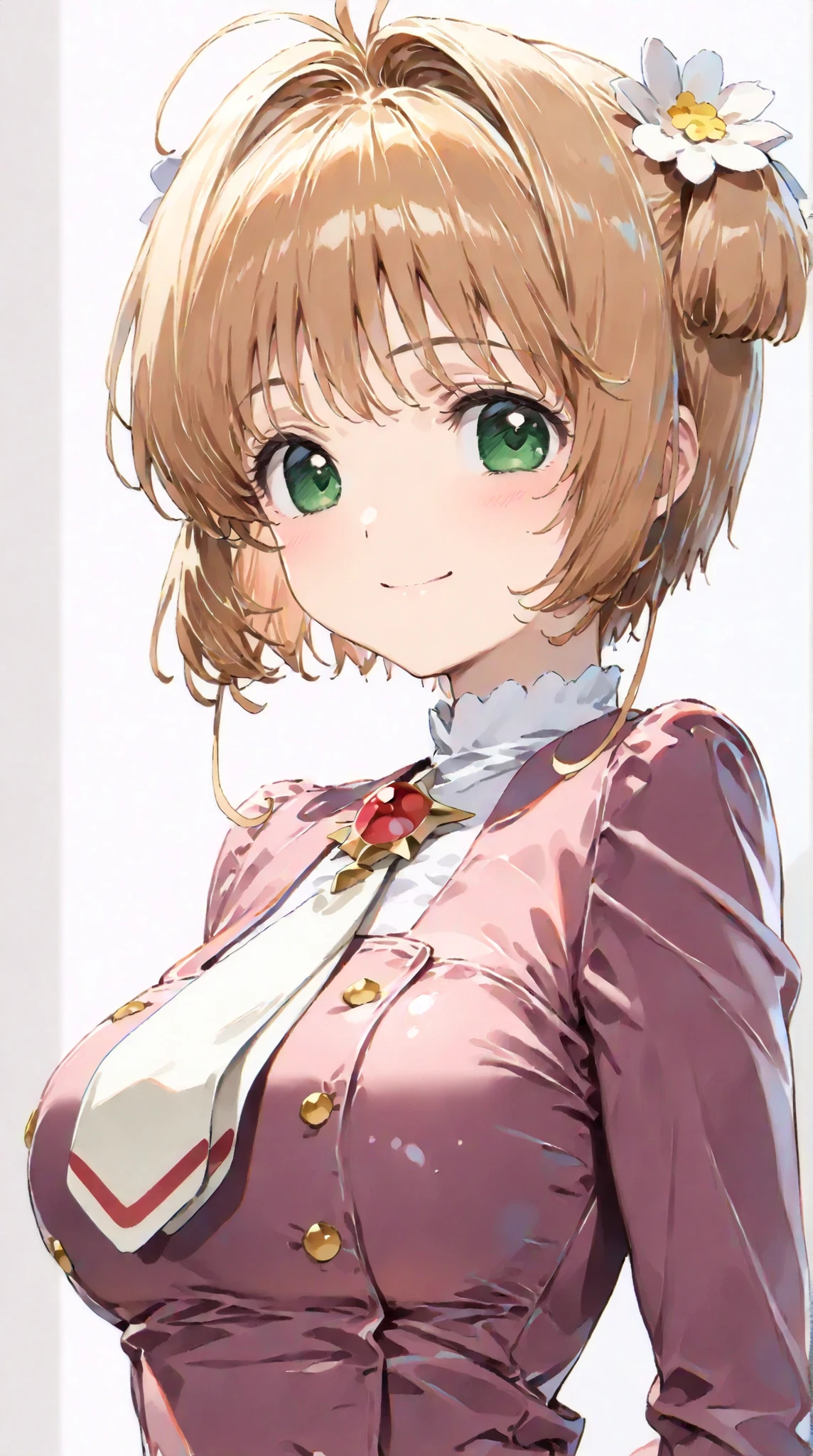 (masterpiece, top quality:1.5), 1girl, solo, Kinomoto Sakura(Cardcaptor Sakura)、20yo, portrait, dark pink clothes, purple jacket, Smiling, short hair, Full Body, Slightly Super Big Breasts, Flower Hair Accessory, kyun kyun, It's absolutely fine,
