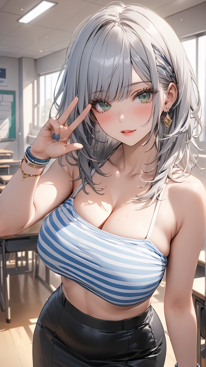 ((woman with tattoo on chest)), girl, Short white hair with bangs, Black strands of hair, Purple eyes, White T-shirt and panties, Pendant around the neck. Natural and beautiful standing posture, Crisp and realistic body detail. 超High resolution.Photorealistic:1.4,超High resolution. Realistic,High resolutionで, masterpiece, Highest quality, Very detailed, Better Shadows, Volumetric lighting), super high quality, High resolution, 8k, Ultra-Realistic Portraits , Photorealistic, Dynamic Lighting, Volumetric lighting, Very detailed顔,(NSFW:0.9),Large Breasts,
