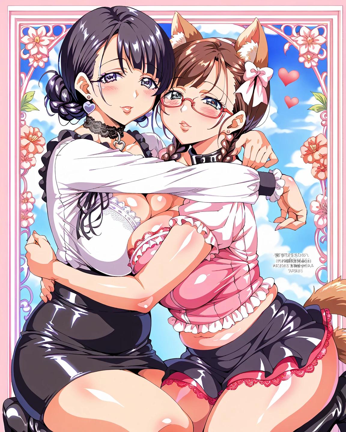 score_9, score_8_up, score_7_up, game_cg, source_anime,best quality, masterpiece, 2girls, animal print, bangs, bikini, black hair, blush, bra, breasts, brown hair, choker, cleavage, clothes lift, collarbone, dark-skinned female, dark skin, fishnet legwear, fishnets, gyaru, hair over one eye, heart, highleg, jewelry, large breasts, leopard print, long hair, looking at viewer, microskirt, multiple girls, navel, open clothes, open mouth, open shirt, panties, pink background, pink bikini, pink bra, pink panties, pleated skirt, pink gradient background, shirt, skirt, skirt lift, smile, thighhighs, thighs, twintails, underwear, yellow eyes,