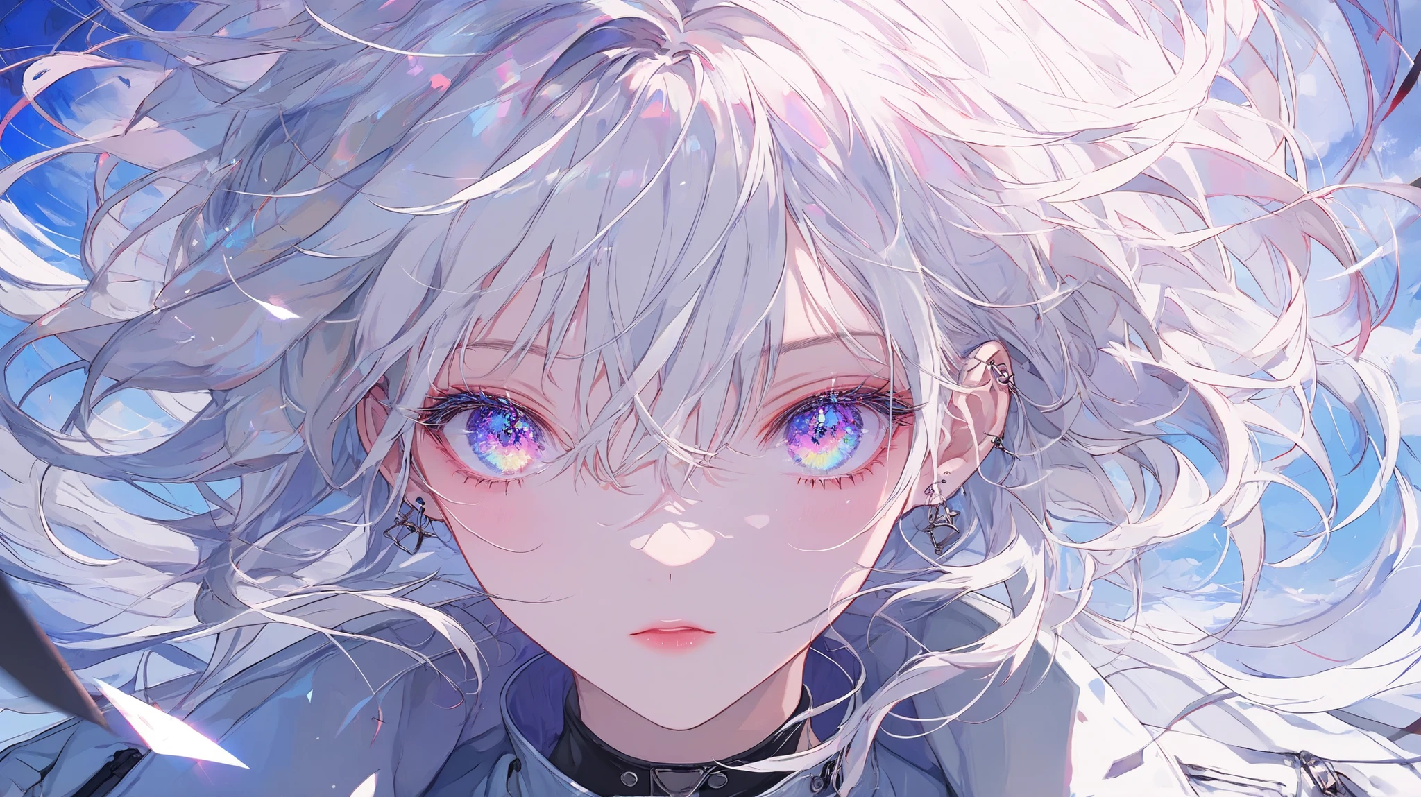 (((masterpiece))),(((top quality))),(((amazing quality))),(((非常にdetailsな背景))),(high resolution),(details),(very delicate and beautiful),(ultra detailed),solo,(full body1.1),One girl,Very Aesthetic,Complex Backgrounds,angle from above,The width of the eyes is narrow,eye focus,sparkle,looking at viewer,glowing,eyelashes,Very colorful,multicolor eyes, soft hair for cell phones,white hair,(metallic white coat),Dynamic,glass interspersed,Contrasting picture, punk rock costume ,Shiny Skin,Eyeliner,eyeshadow,sharp face,Dynamic Scene,Wind Blows,wide shot