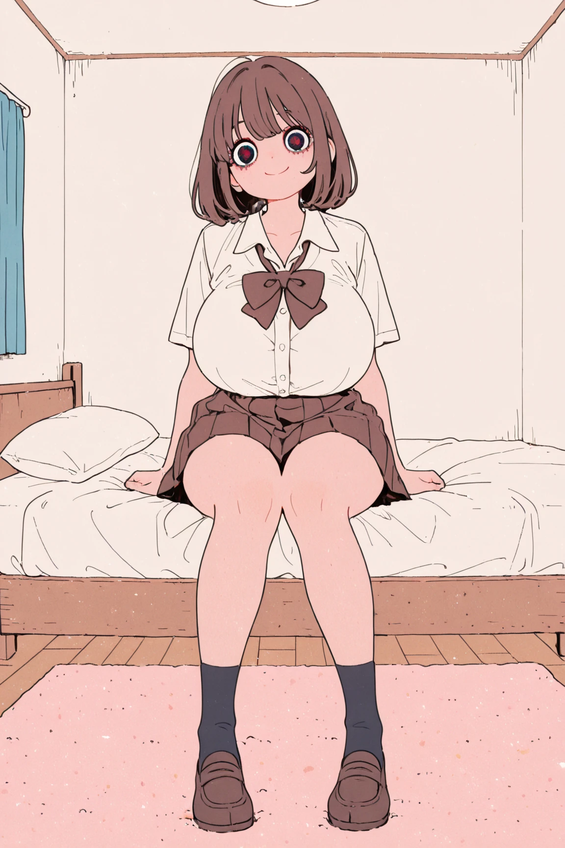 A  giant girl with a very tiny boy on her boobs, giantess, pink shirt, looking down, scared, brown hair, blushing, white socks, white skirt, pink panties, low angle, girl looking down at boy, 18 year old girl, brown hair, short hair, thicc, oppai, smug, in bedroom, cramped, sitting down, looking down, low angle, tiny bedroom, oppai, teen, tiny boy, size difference, smug, wholesome, very cute, petite, busty, anime, studio ghibili, clevage, breast focus