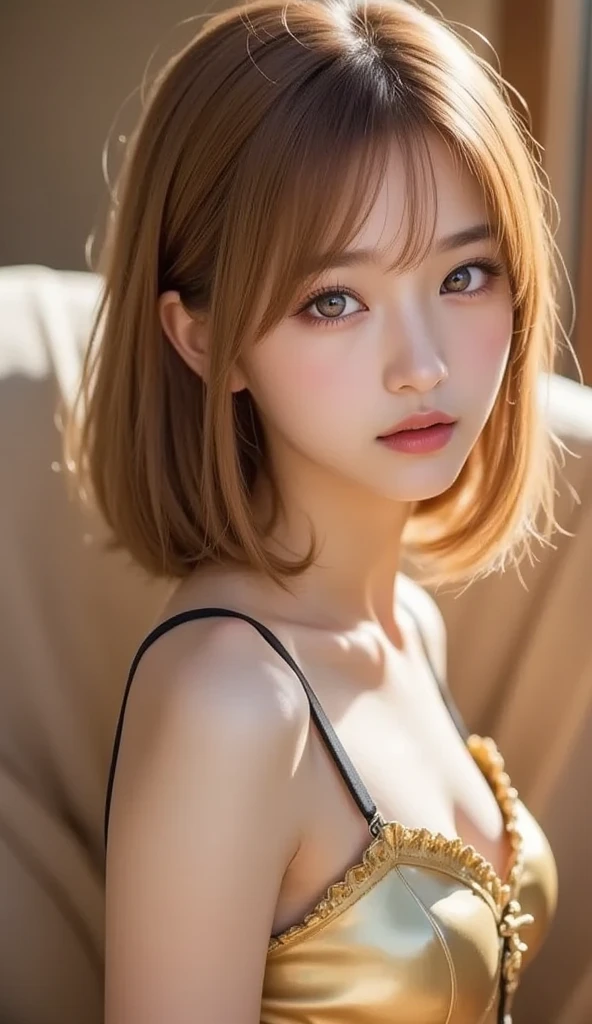 masutepiece, Best Quality, Illustration, Ultra-detailed, finely detail, hight resolution, 8K Wallpaper, Perfect dynamic composition, Beautiful detailed eyes, doress, Medium short hair,blond hair color ,Small breasts, Natural Color Lip, Random and sexy poses,Random situations,Slender body