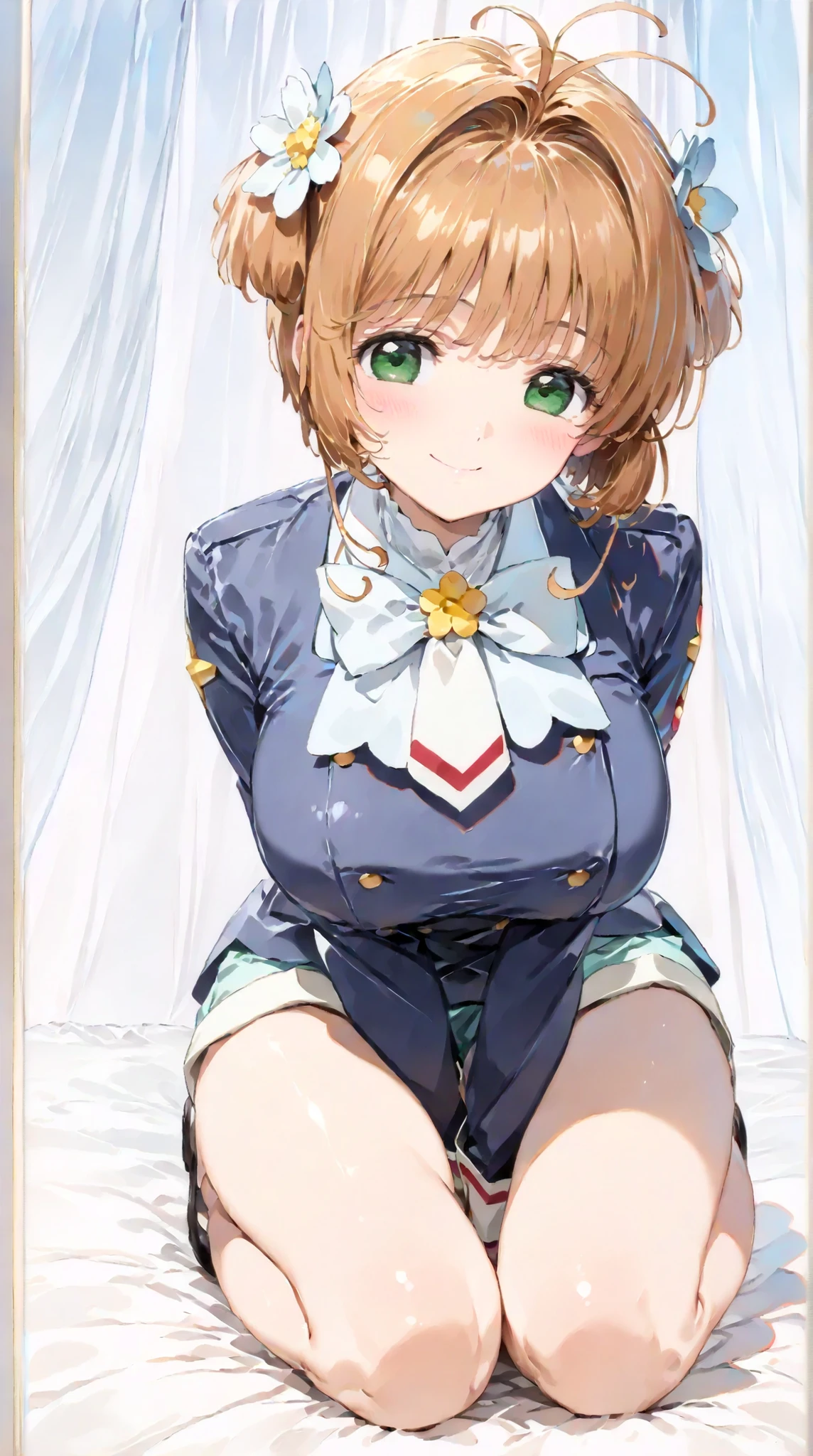 (masterpiece, top quality:1.5), 1girl, solo,  Kinomoto Sakura(Cardcaptor Sakura)、20yo, portrait, Light blue clothes, dark blue jacket, Smiling, short hair, Full Body, Slightly Super Big Breasts, Flower Hair Accessory, kyun kyun, It's absolutely fine, 