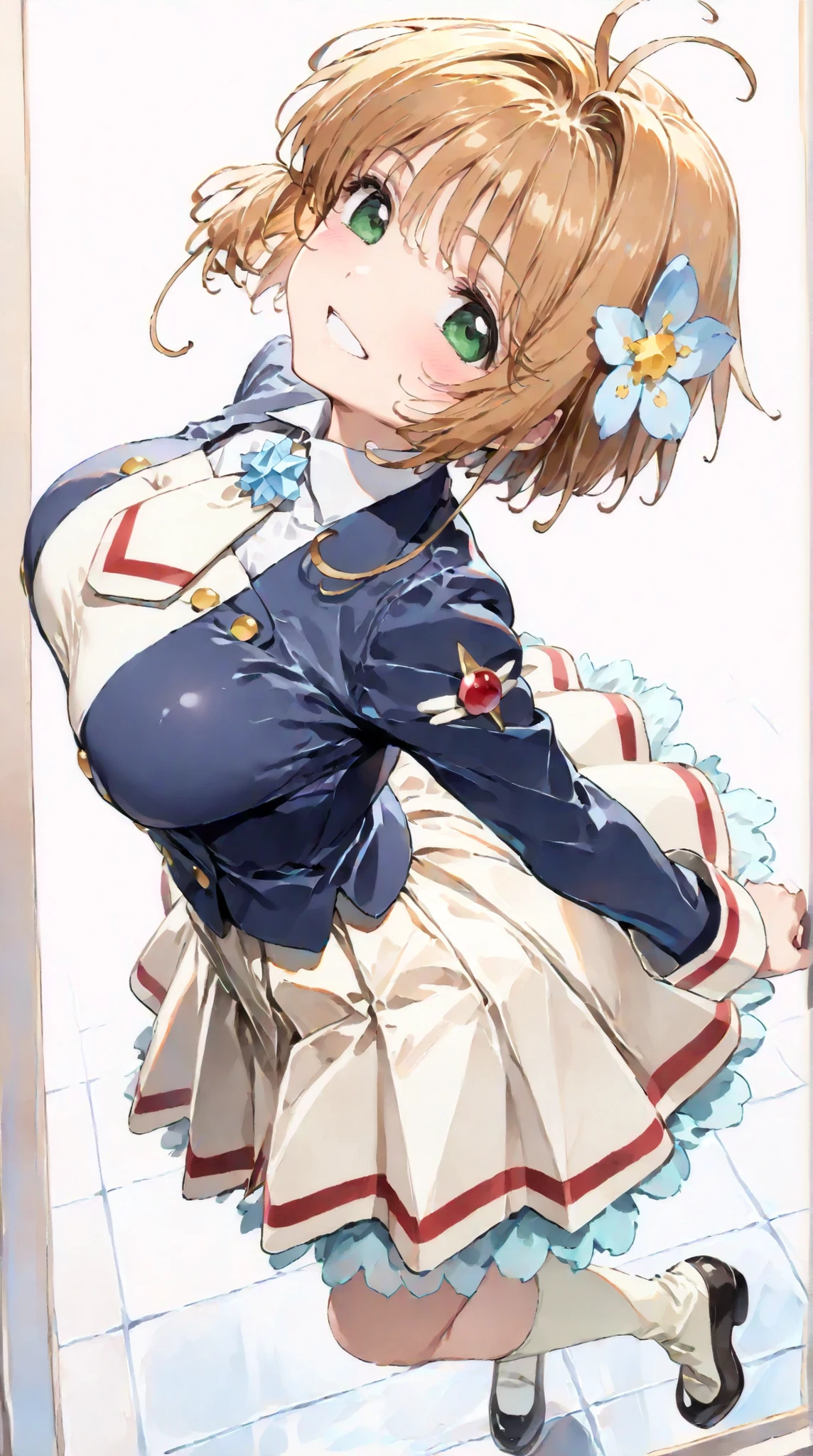 (masterpiece, top quality:1.5), 1girl, solo, Kinomoto Sakura(Cardcaptor Sakura)、20yo, portrait, Light blue clothes, dark blue jacket, Smiling, short hair, Full Body, Slightly Super Big Breasts, Flower Hair Accessory, kyun kyun, It's absolutely fine,