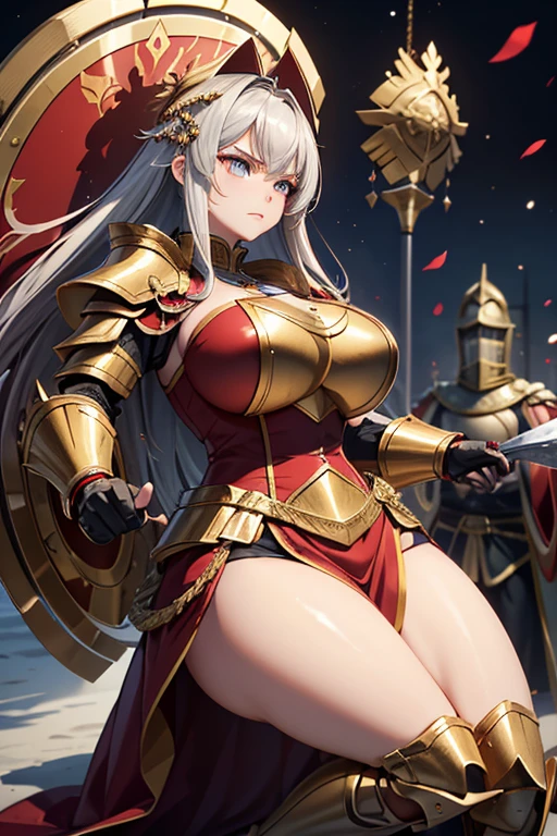 ((Best quality at best)), ((tmasterpiece)), (Detailed pubic hair), s the perfect face,She has a goddess-like face, delicate skin, perfect body, rich details, gold helmet, silver armor, and gold-plated aegis, just like a female warrior; purple-red cloak, golden eagle-winged helmet, and a majestic look; a gray owl is perched on her over his shoulder, gazing wisely over the battlefield. Brandishing a spear and shield, the spear point is pointed downward, ready to be thrown forward; his legs are covered with golden leggings in the shape of an "8", his feet are firmly planted, and he is looking into the distance.