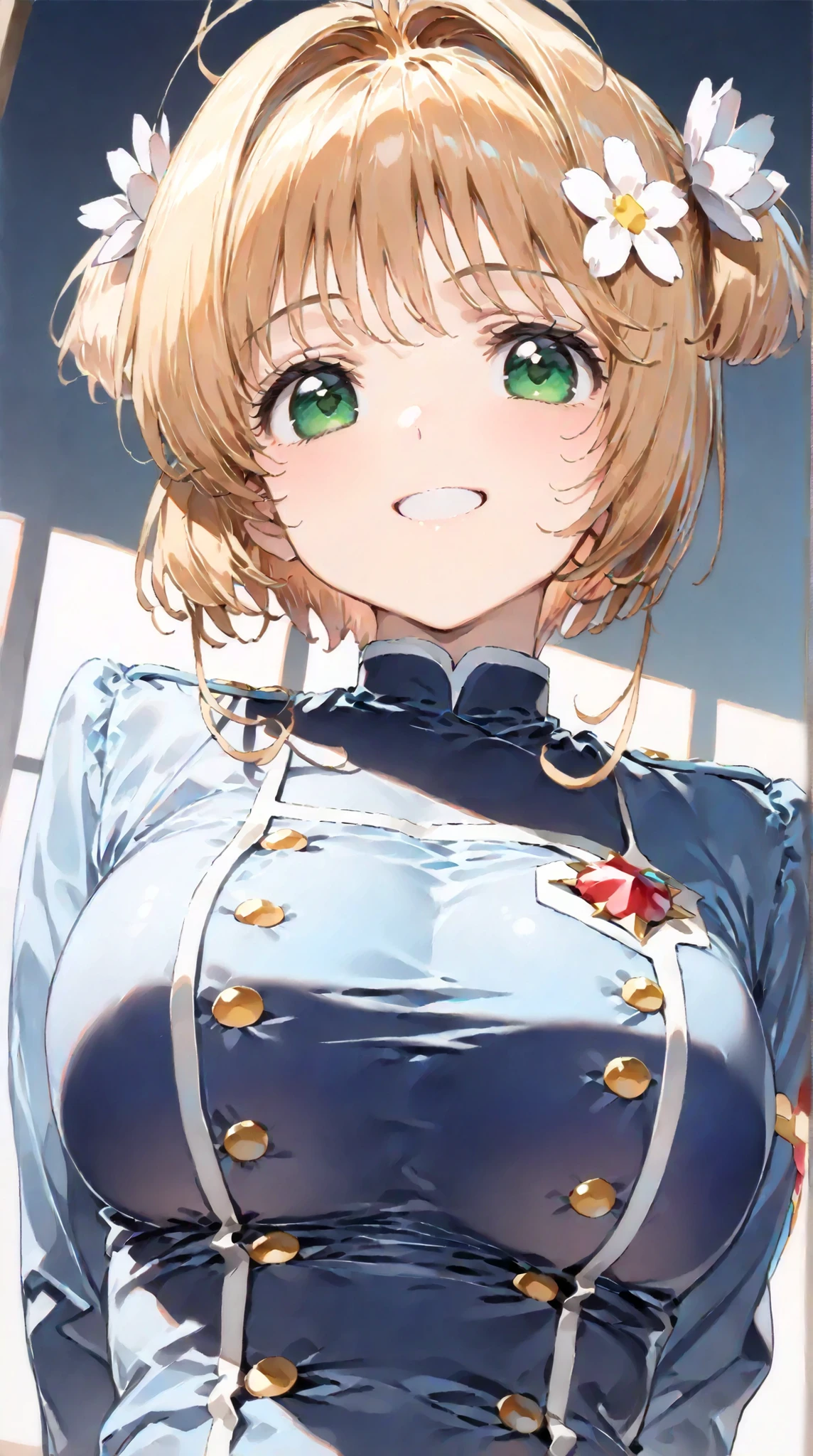 (masterpiece, top quality:1.5), 1girl, solo, Kinomoto Sakura(Cardcaptor Sakura)、20yo, portrait, Light blue clothes, dark blue jacket, Smiling, short hair, Full Body, Slightly Super Big Breasts, Flower Hair Accessory, kyun kyun, It's absolutely fine,